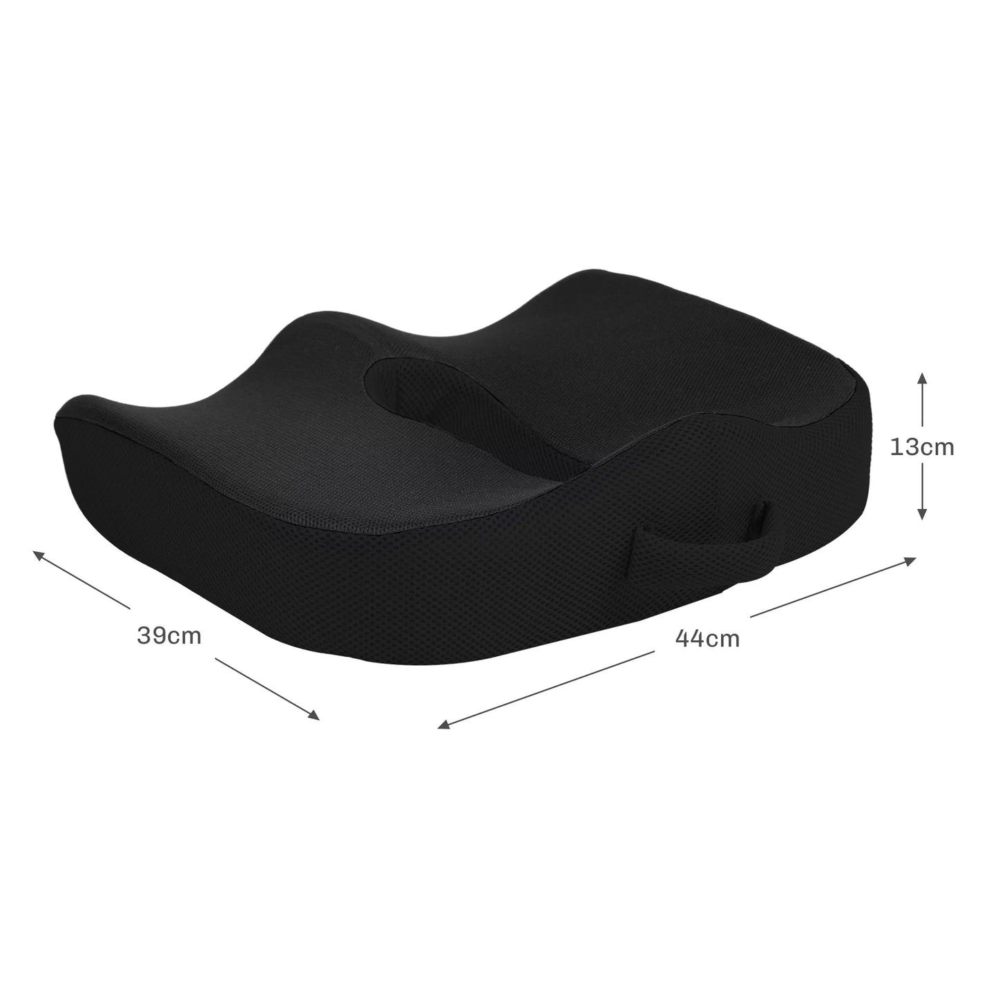 Ergonomiška sėdimoji pagalvėlė, kvėpuojantis užvalkalas, neslystanti, 44x39x13 cm, juoda