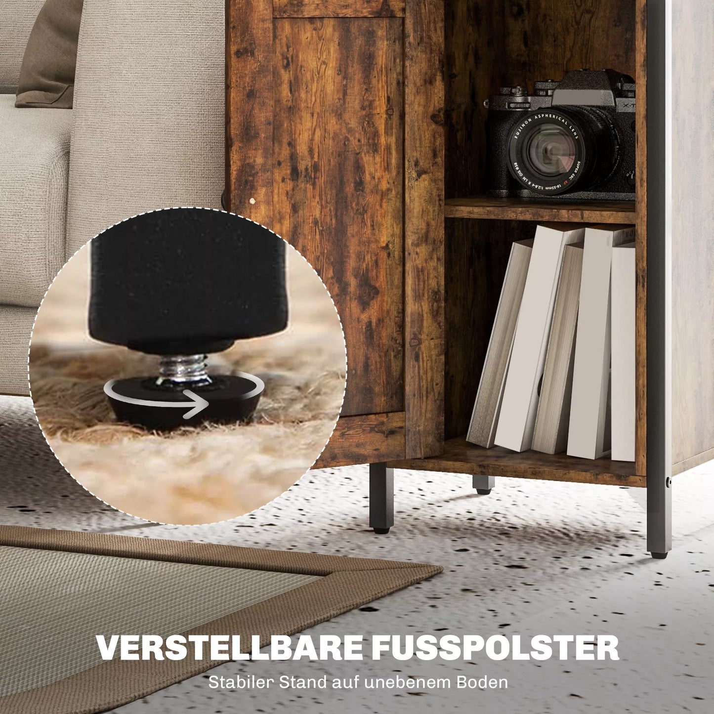 Šoninis staliukas su laikymo vieta, 2 atviros lentynos, 3 lygių reguliavimas, magnetinės durys, rudas