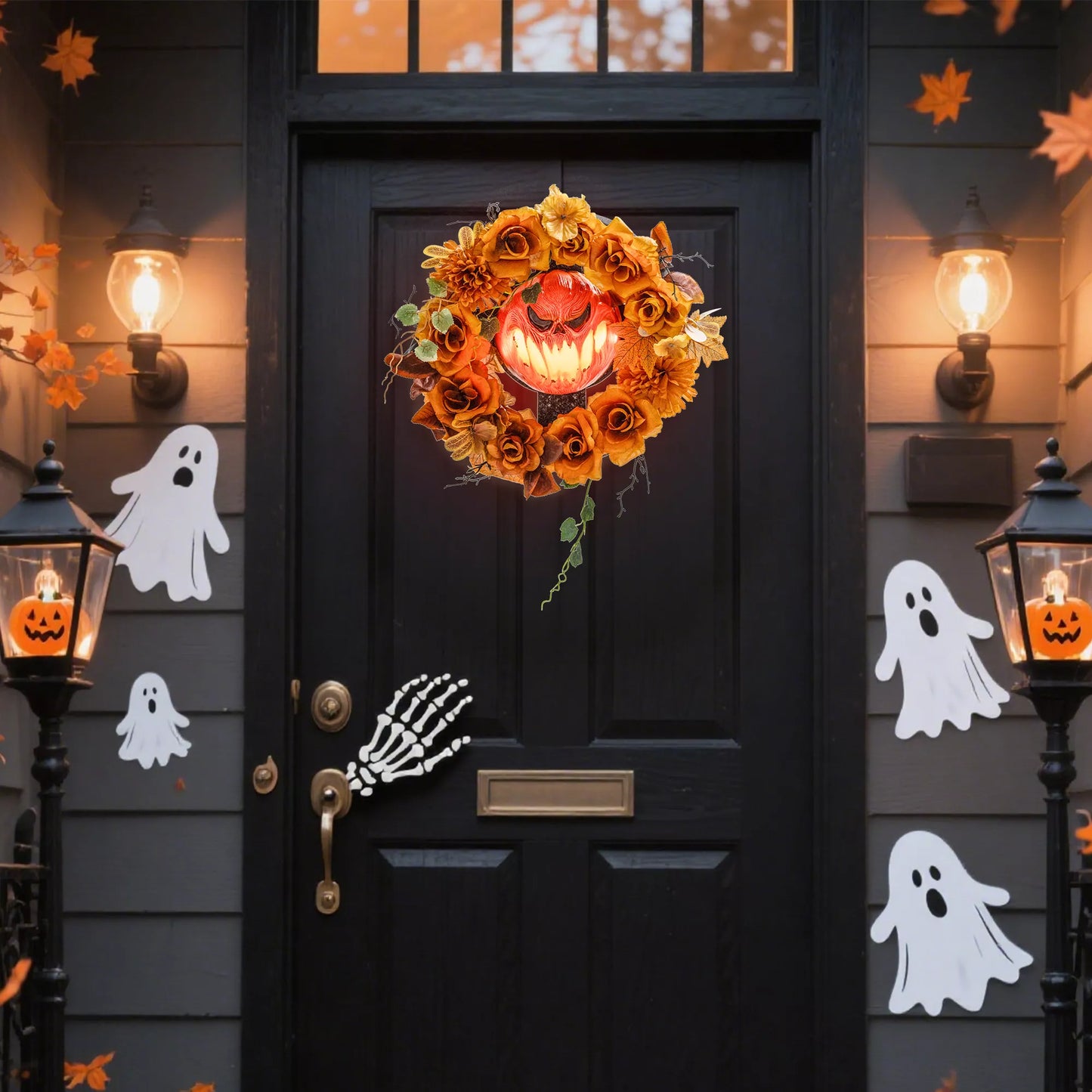 Helovino vainikas, siaubo moliūgo dizainas, rudens lapai, šviesos efektai, plastikas