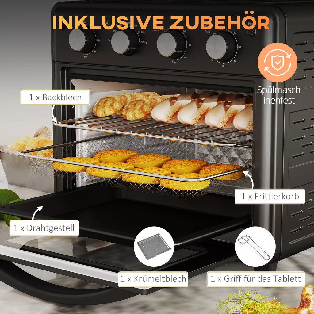 Mini orkaitė, karšto oro gruzdintuvė, 90–230 °C, 7 programos, priedai, juoda