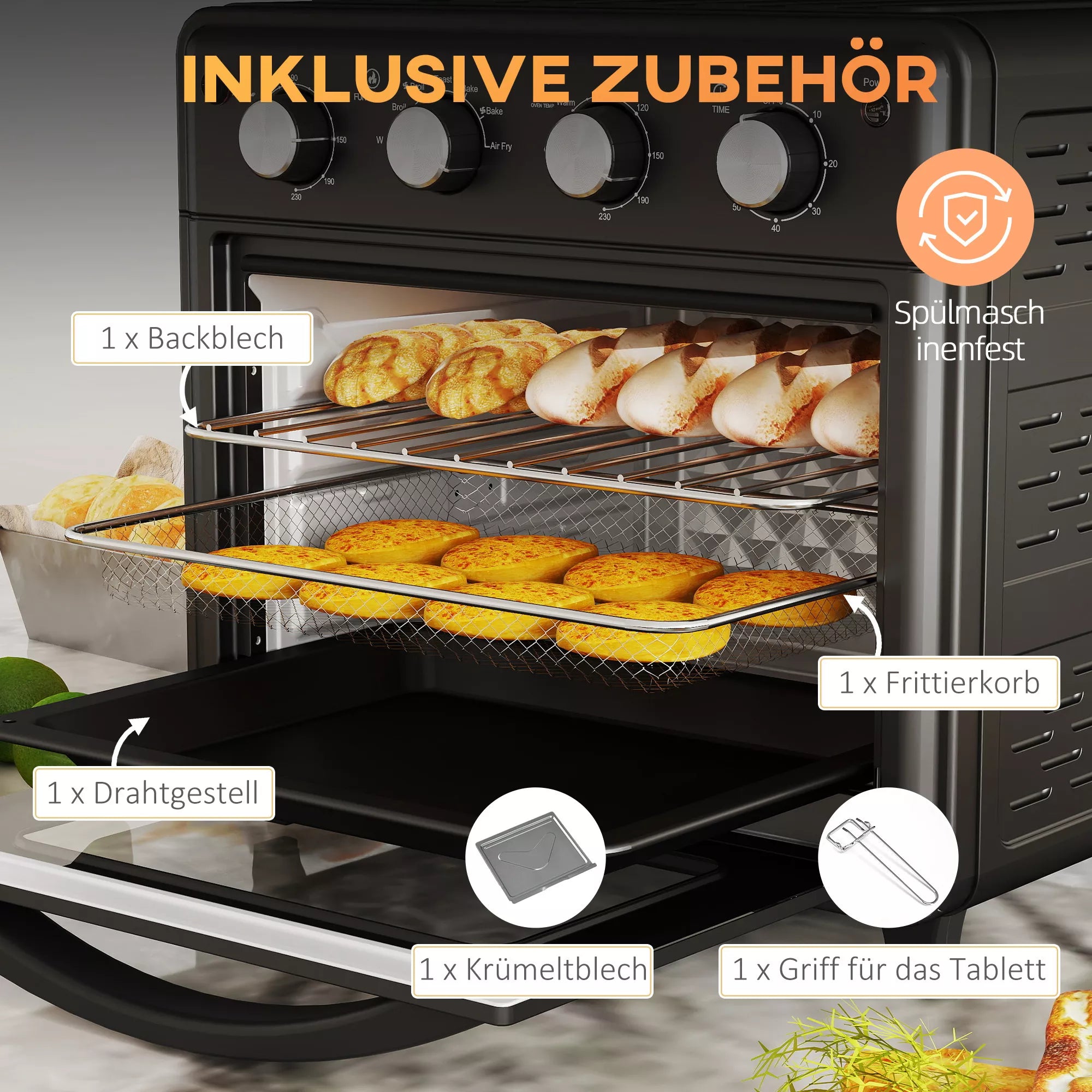 Mini orkaitė, karšto oro gruzdintuvė, 90–230 °C, 7 programos, priedai, juoda