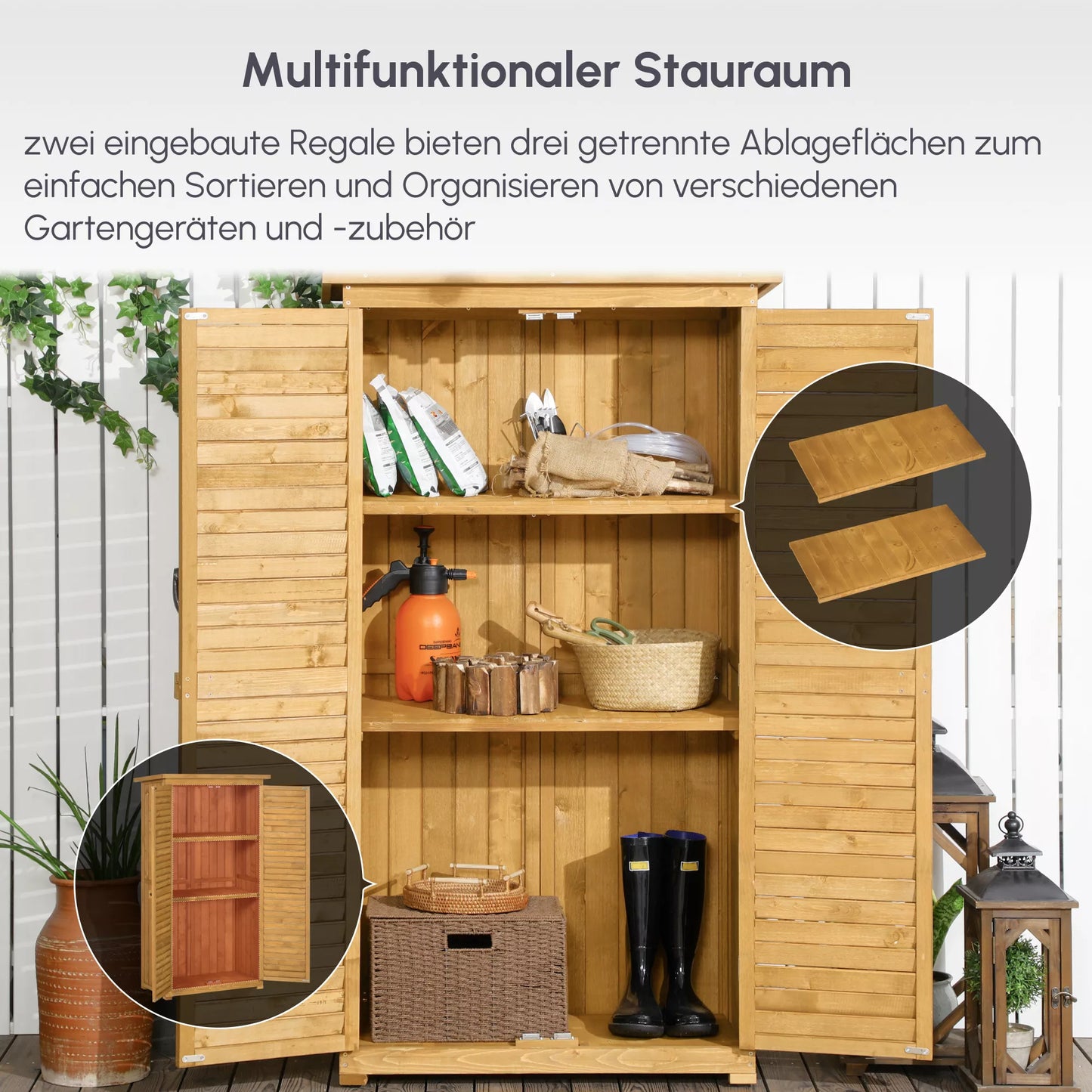 Outsunny Sandėliukas įrankiams su lamelinėmis durelėmis 3 lentynos atsparus oro sąlygoms 87 cm x 46,5 cm x 160 cm pušies mediena ruda