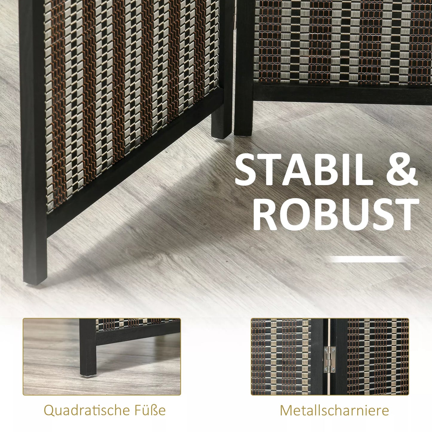 Sulankstoma pertvara, pušies medienos/bambuko, 180 x 180 cm, ruda/juoda