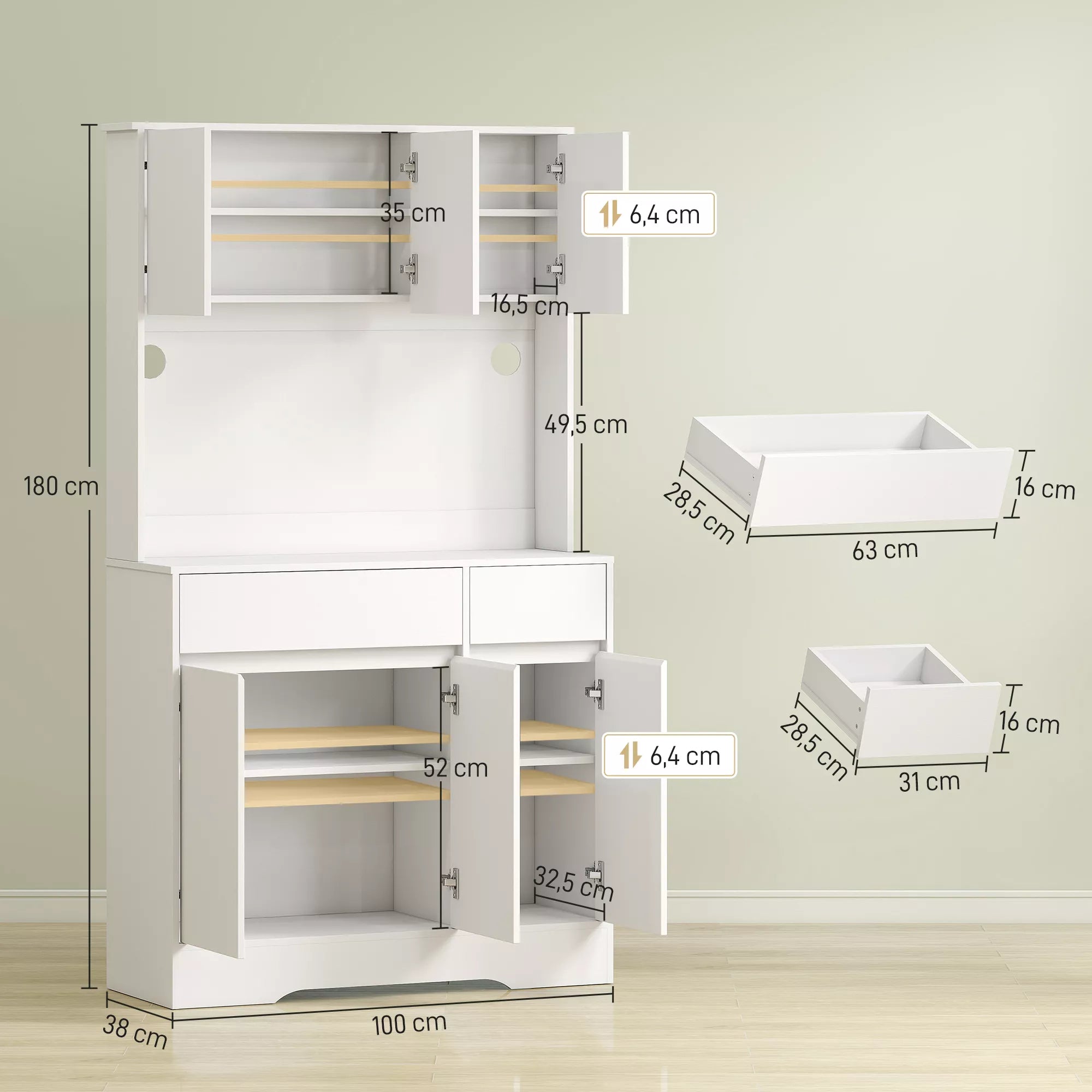 Baltos virtuvės spintelės matmenų schema: 100 cm plotis, 38 cm gylis, 180 cm aukštis