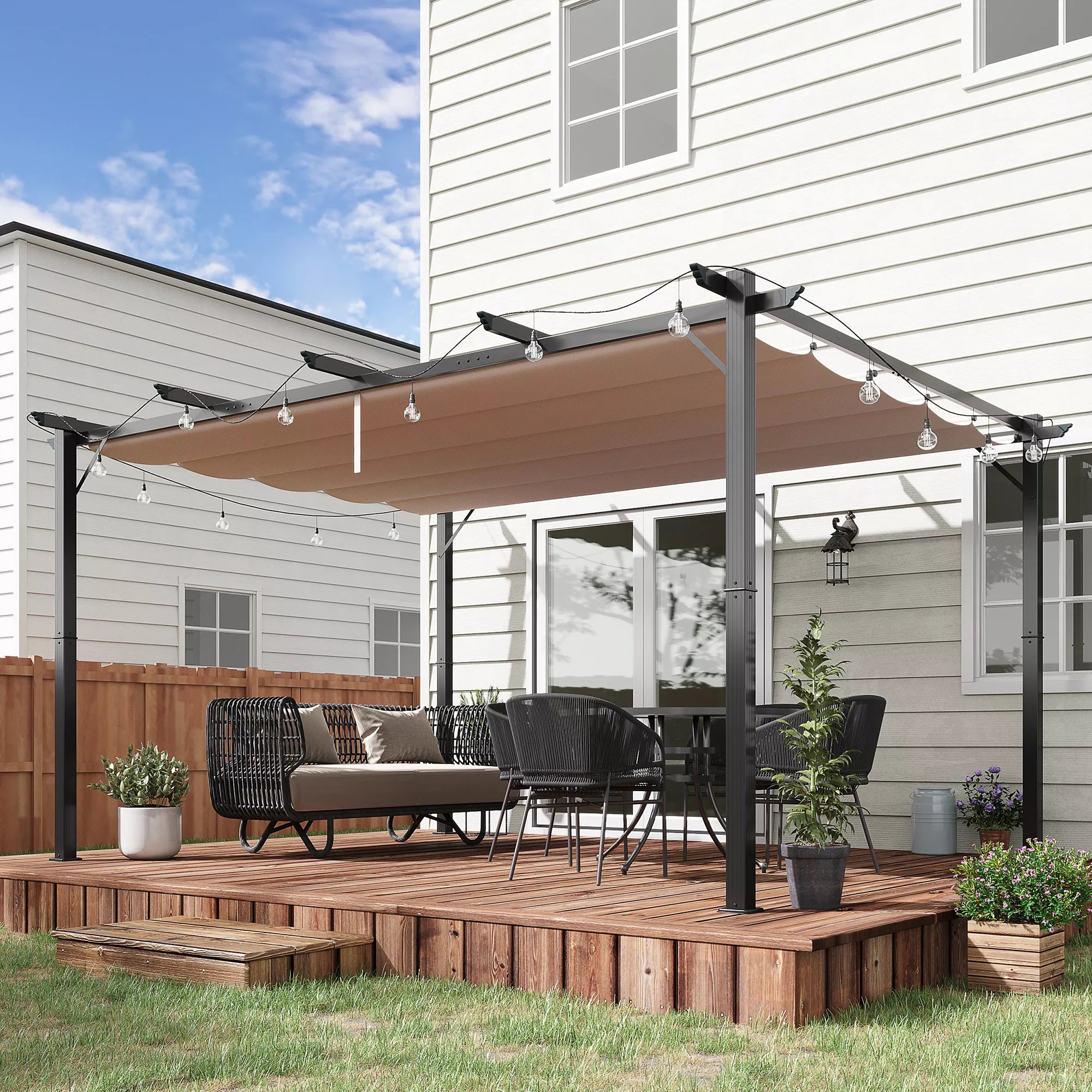 Pergola paviljonas su reguliuojamu audiniu stogu 3 x 4 m Terasos stogelis Aliuminio saulės apsauga Stogas Terasa Sodas Pilka+Ruda