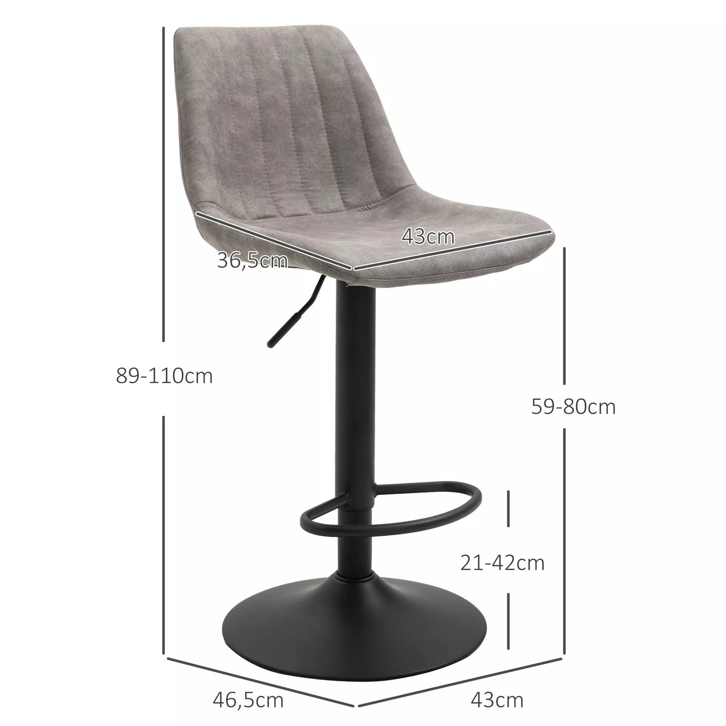 2 vnt. baro kėdžių rinkinys retro dizaino, su kojų atrama, reguliuojamas aukštis, dujų pakėlimo mechanizmas, pilka + juoda