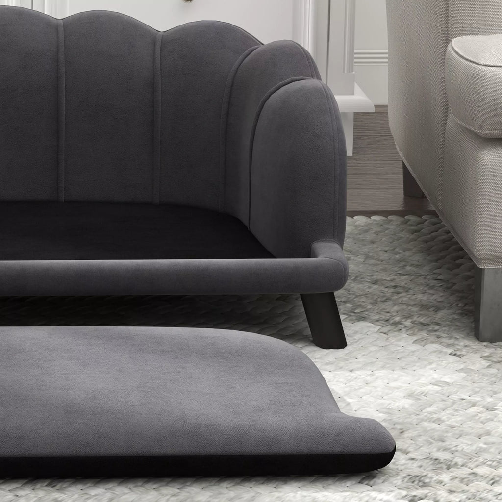 Šunų sofa, skalbiama danga, naminių gyvūnų sofa su atlošu ir medinėmis kojomis, kačių sofa, vidutinio dydžio šunims iki 25 kg, tamsiai pilka