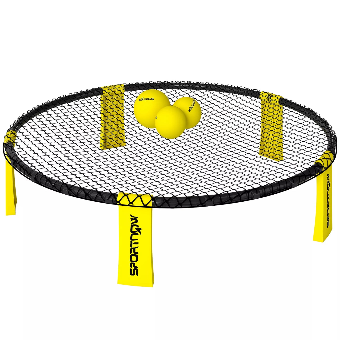 Roundnet rinkinys, žaidimo komplektas su žaidimo tinklu, 3 kamuoliais, nešiojamuoju krepšiu, kamuolių pompa, Spikeball rinkinys, Ø92 x 20 cm, Geltonas
