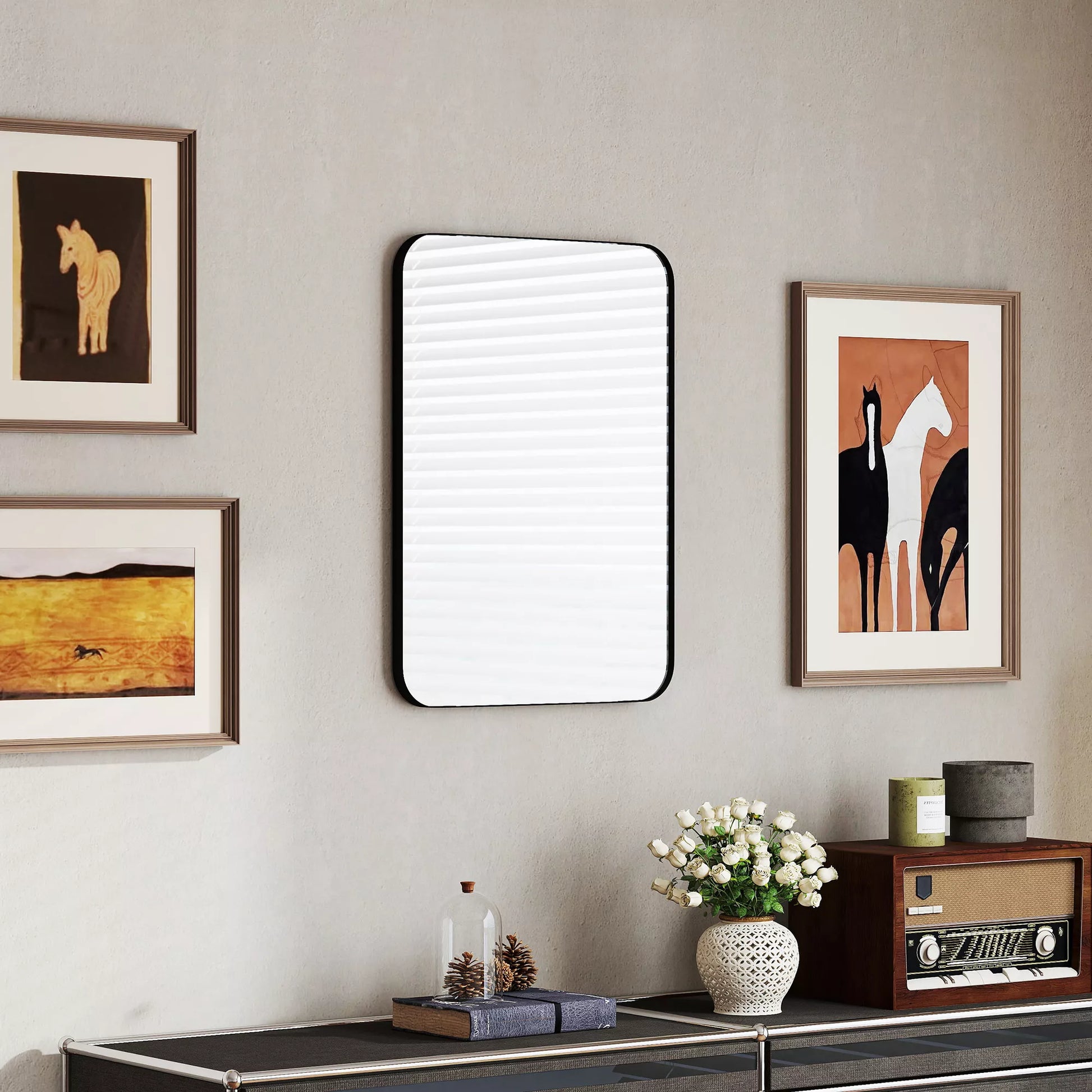 Sieninis vonios veidrodis su apsaugine plėvele nuo skeveldrų, metaliniu rėmu, 50 x 70 cm, juodas