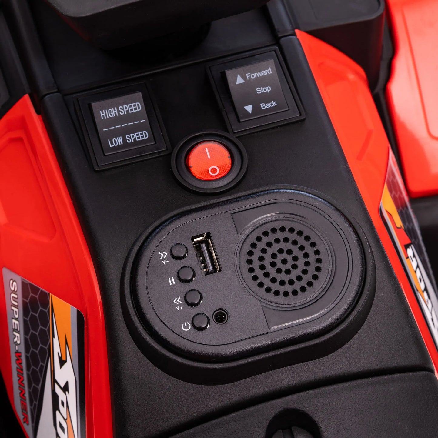 Elektrinis keturratis vaikams, maks. 4 km/val., nuo 3 metų, LED priekiniai žibintai, muzikos jungtis, juoda+raudona 88 x 45 x 50 cm