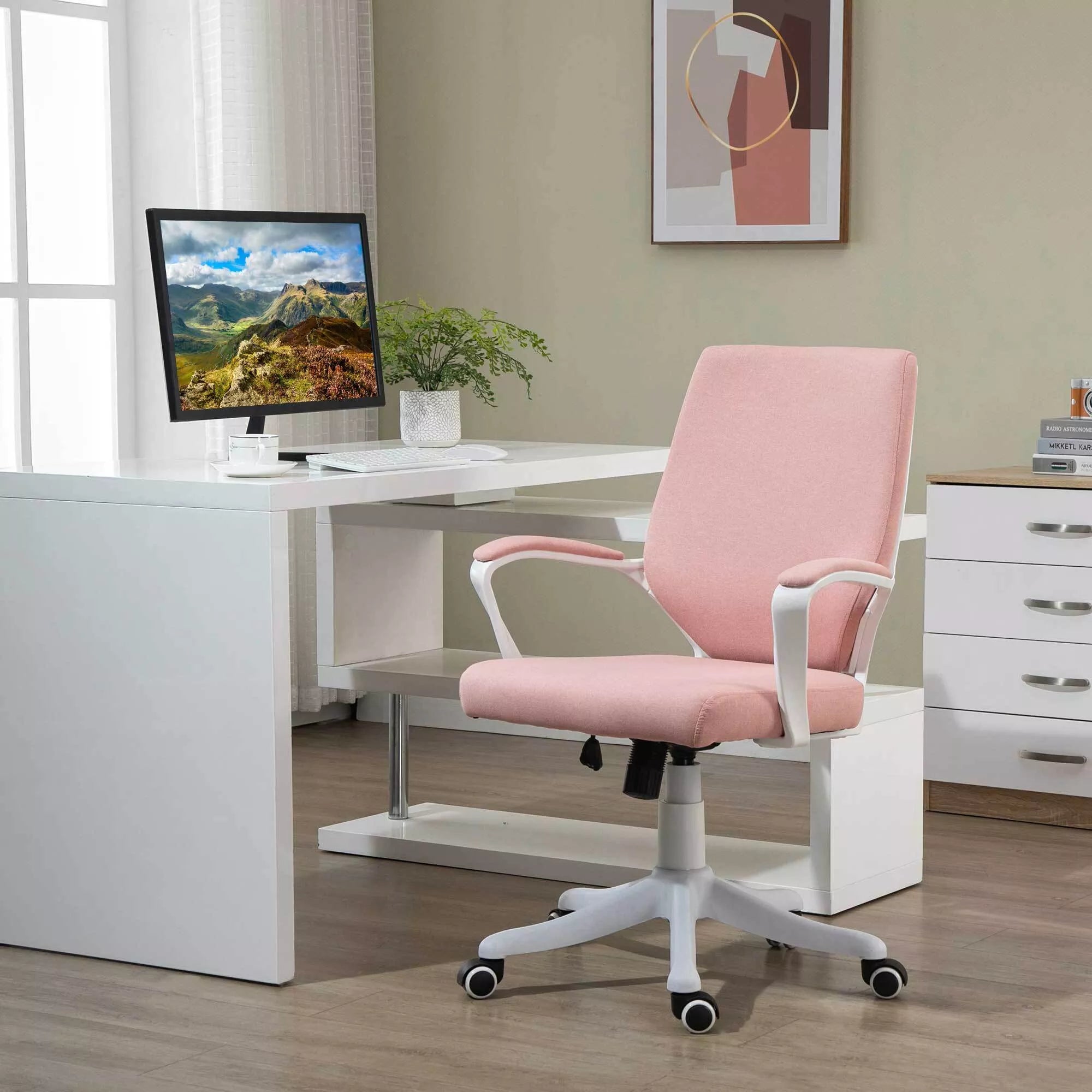 Biuro kėdė, darbo kėdė, namų biuro kėdė su supimo funkcija, reguliuojamo aukščio atlošas, storai paminkštinta, ergonomiška, 360° besisukantys ratukai, poliesteris, nailonas, PP, rožinė+balta, 62x69x92-100 cm