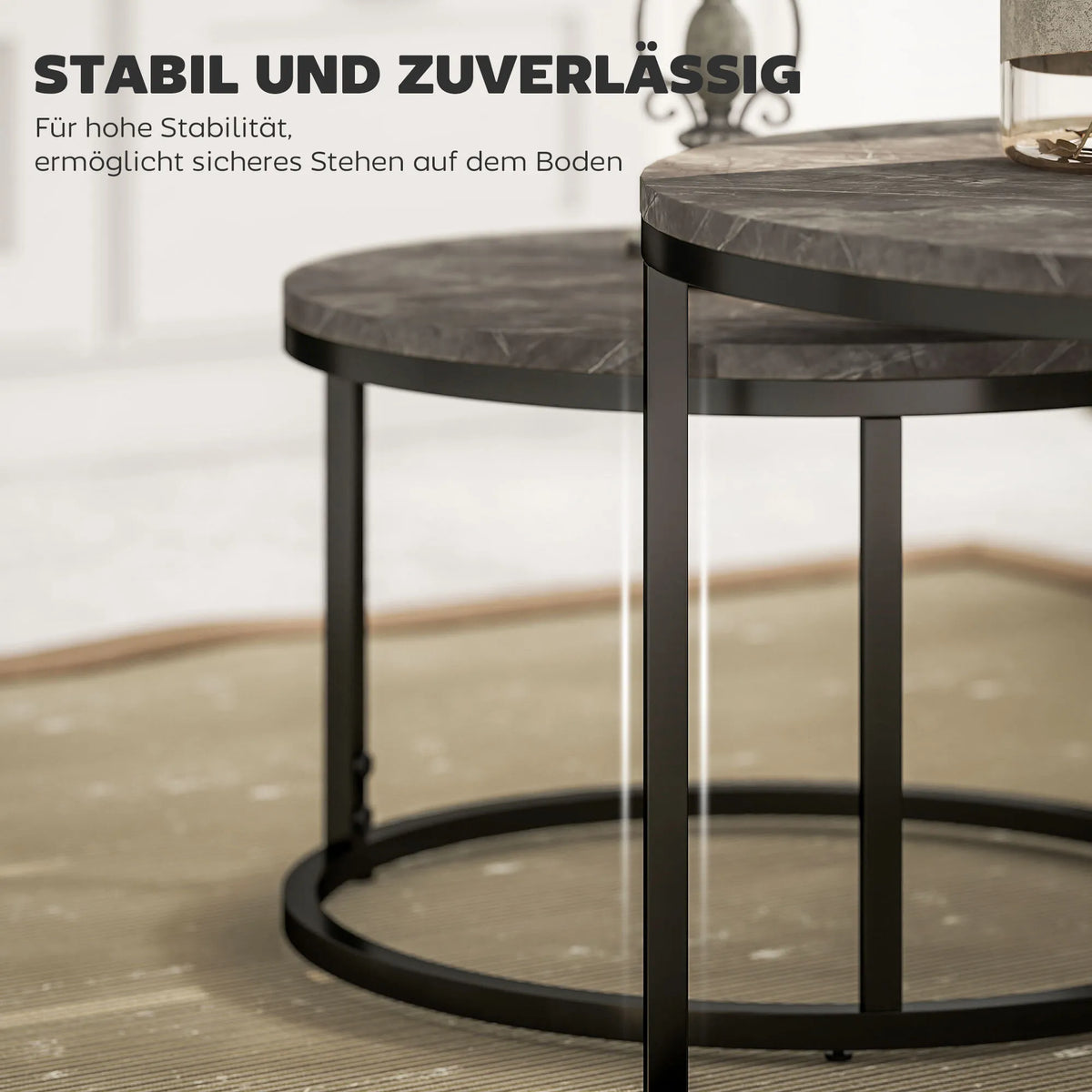 2er-Set runde Couchtische, stapelbare Beistelltische mit Metallrahmen, Wohnzimmertisch in Marmoroptik, Kaffeetisch, Grau