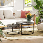 2er-Set runde Couchtische, stapelbare Beistelltische mit Metallrahmen, Wohnzimmertisch in Marmoroptik, Kaffeetisch, Grau