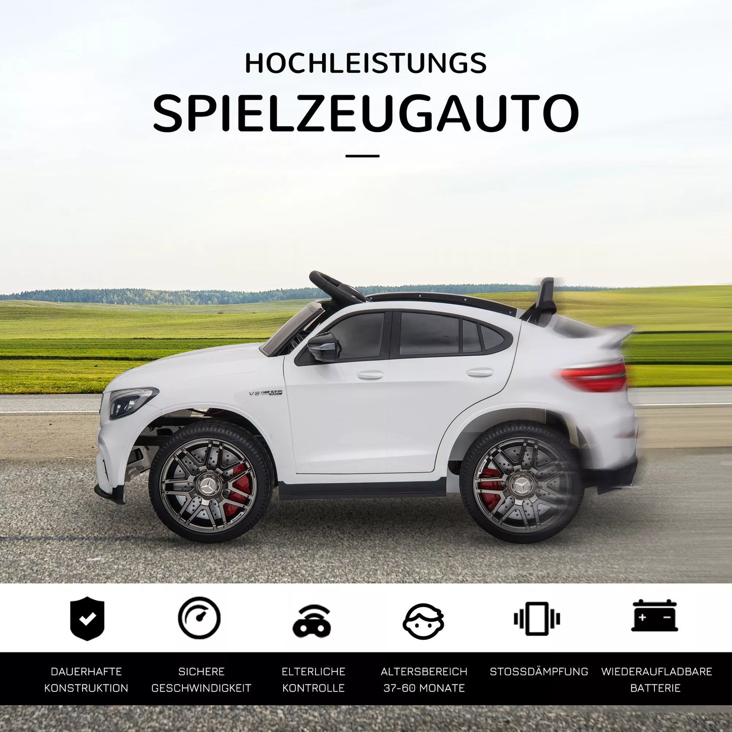 12V elektrinis automobilis vaikams Mercedes-Benz AMG GLC63S COUPE su nuotolinio valdymo pultu, saugos diržu, 2 x 35W varikliais, MP3 grotuvu. Rekomenduojama 37-60 mėn. Spalva: balta. Matmenys: 115 x 70 x 55 cm