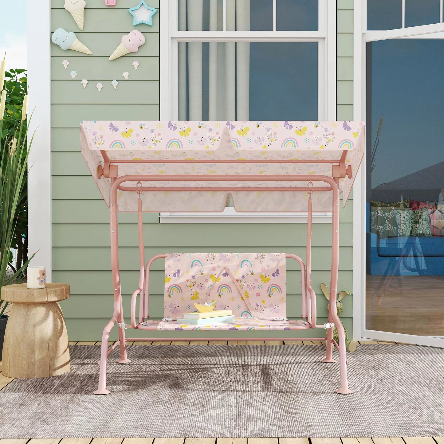 Holivudo sūpynės vaikams, plieninis rėmas, 2 vietos, 60 kg apkrova, rožinės spalvos