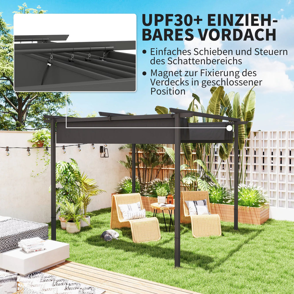 3 x 3 m sodo pergola su reguliuojamu stogu, metaliniu rėmu, UPF30+ apsauga, saulės stogu verandoje, terasoje, tamsiai pilka