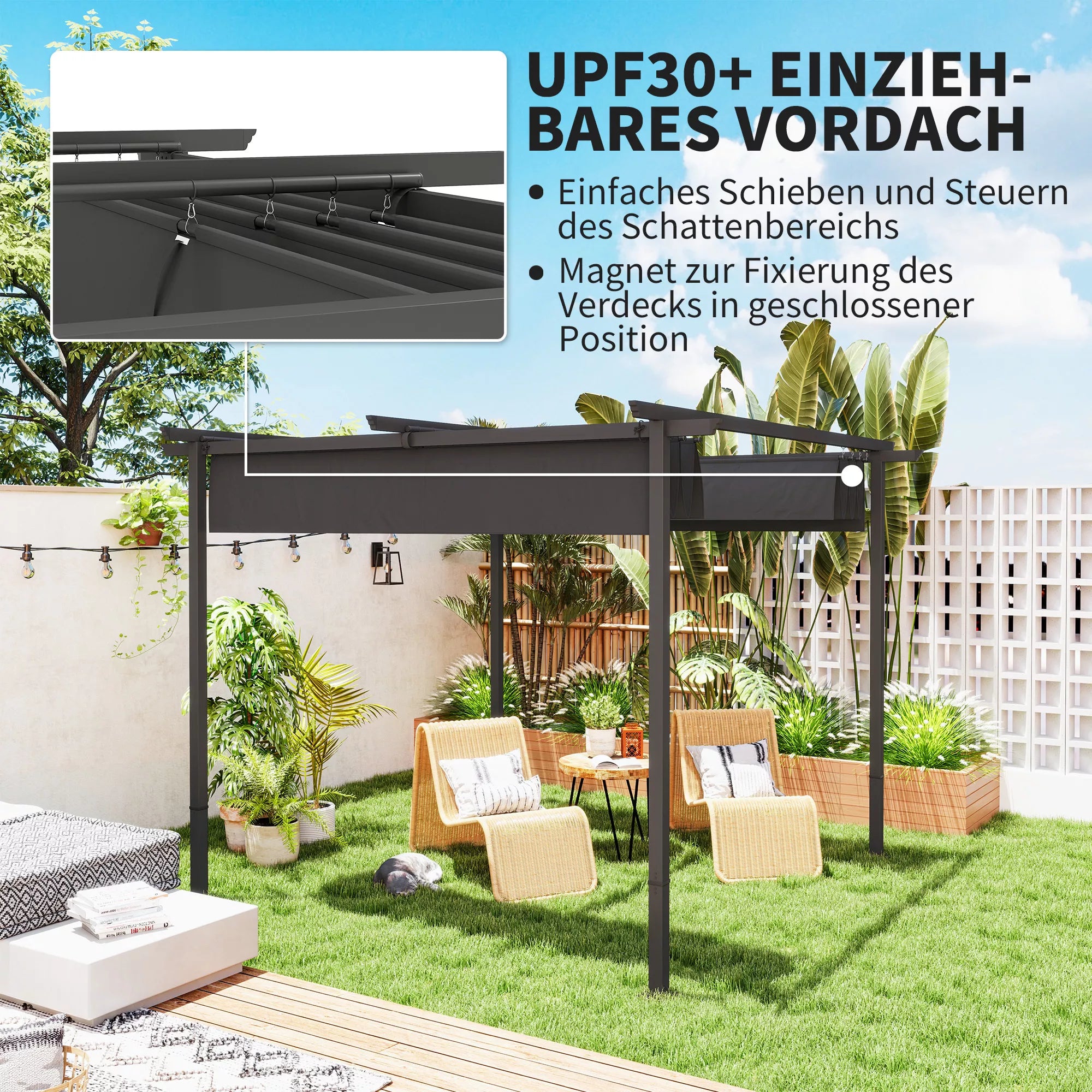 3 x 3 m sodo pergola su reguliuojamu stogu, metaliniu rėmu, UPF30+ apsauga, saulės stogu verandoje, terasoje, tamsiai pilka