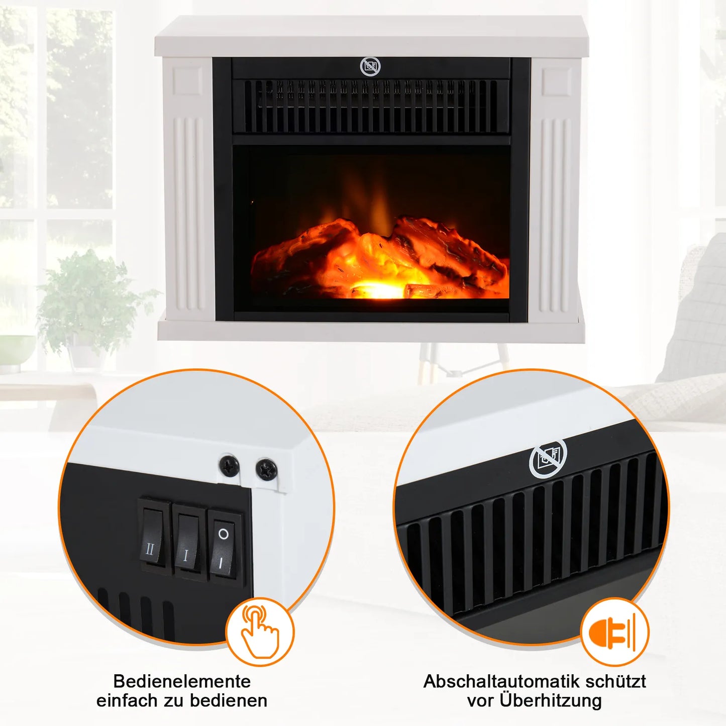 Elektrinis židinys su šildymu, elektrinis židinys su LED liepsnos efektu, 600/1200W dekoratyvinis židinys, elektrinė židinio ugnis, baltas