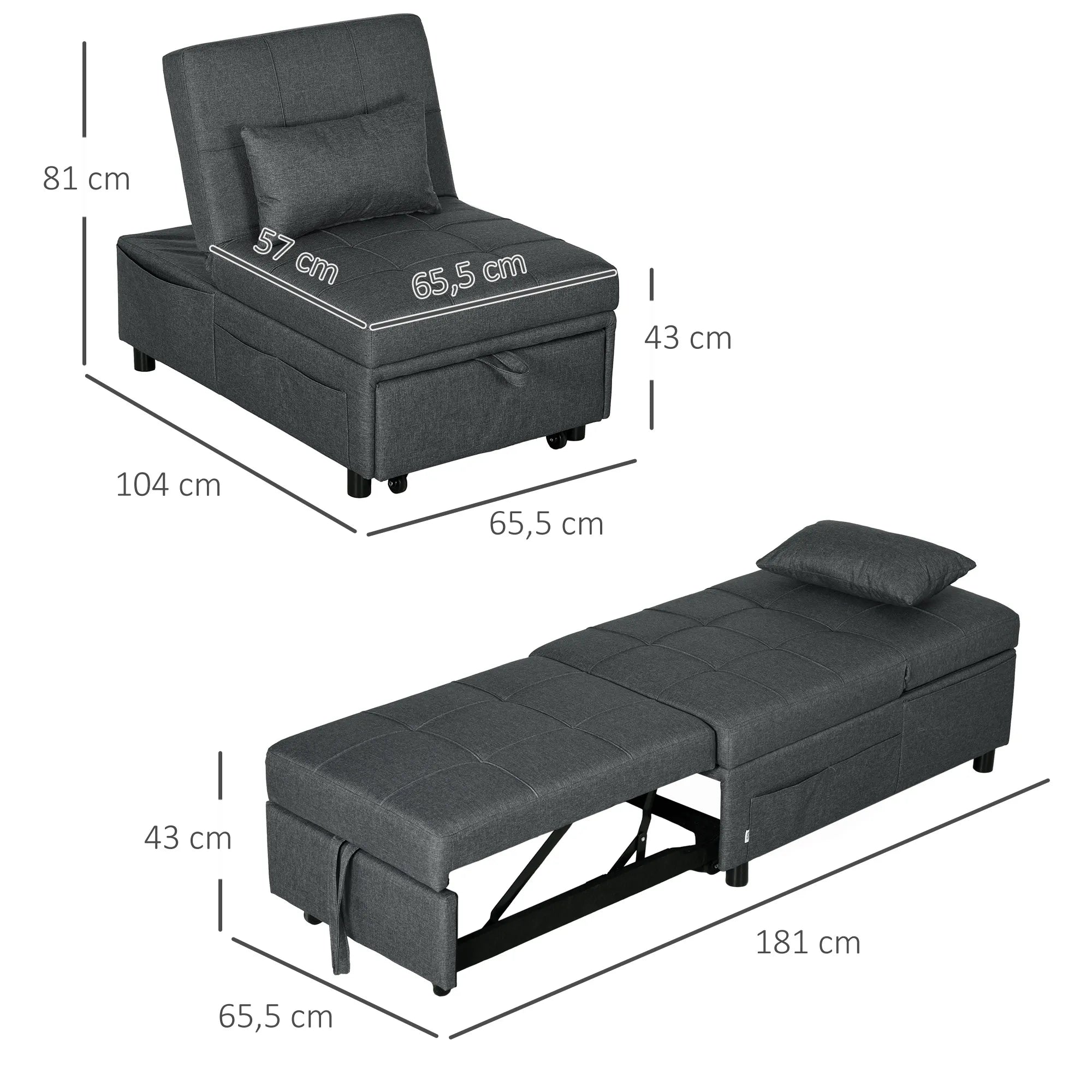 Patogus atlošiamasis fotelis-lova 3-in-1 fotelis, modernus, iki 150 kg, lininės išvaizdos, su pagalvėle, 65,5 x 104 x 81 cm, tamsiai pilkas