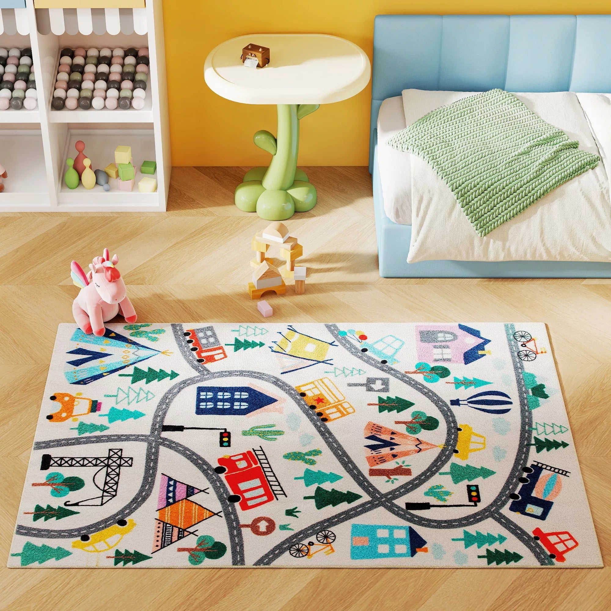 Kilimas su greitkelio raštu, baltas fonas, minkštas flisas, lengvai prižiūrimas, spalvotas