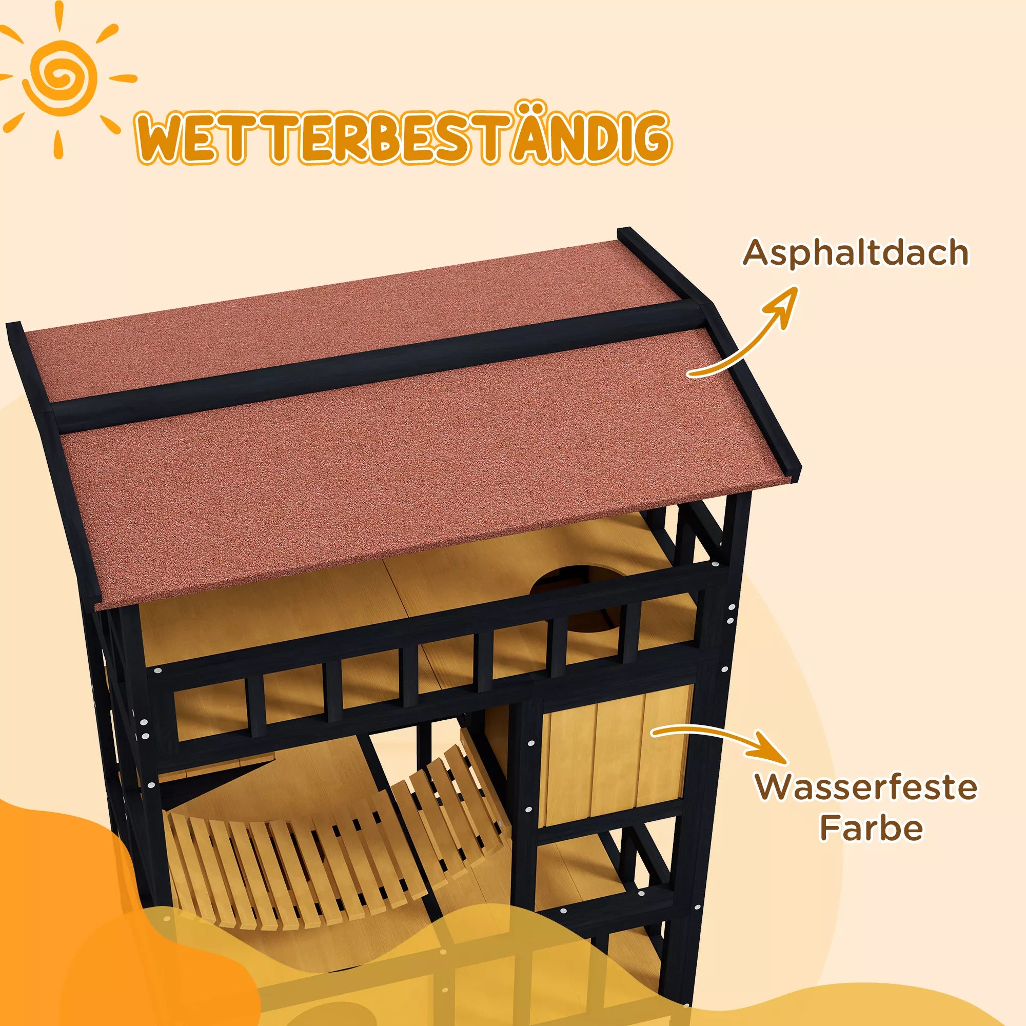 Katės namelis su platformomis ir tilteliu, iki 2 katėms, geltonas