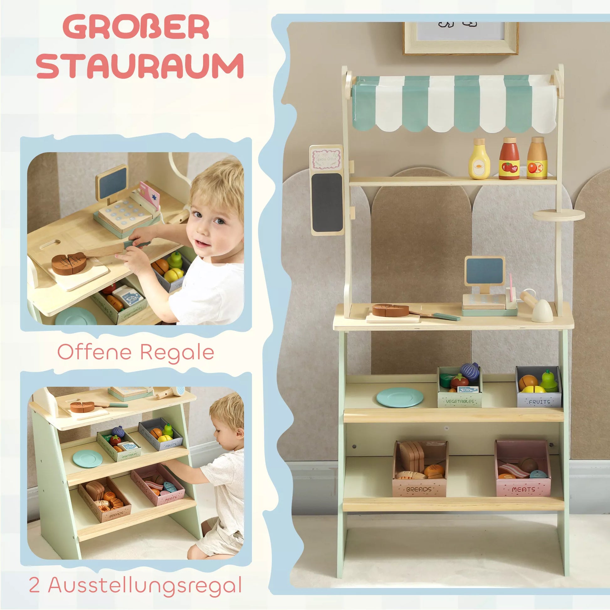 Vaikų parduotuvė Supermarket su kasos aparatu, skaitytuvu, lentele ir 34 priedais žalios spalvos