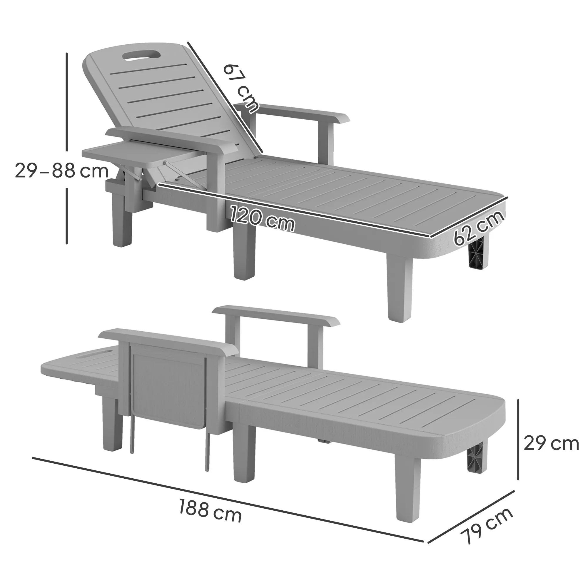 Gulto matmenų schema: ilgis 188 cm, plotis 79 cm, aukštis 29 cm, atlošas reguliuojamas 29-88 cm