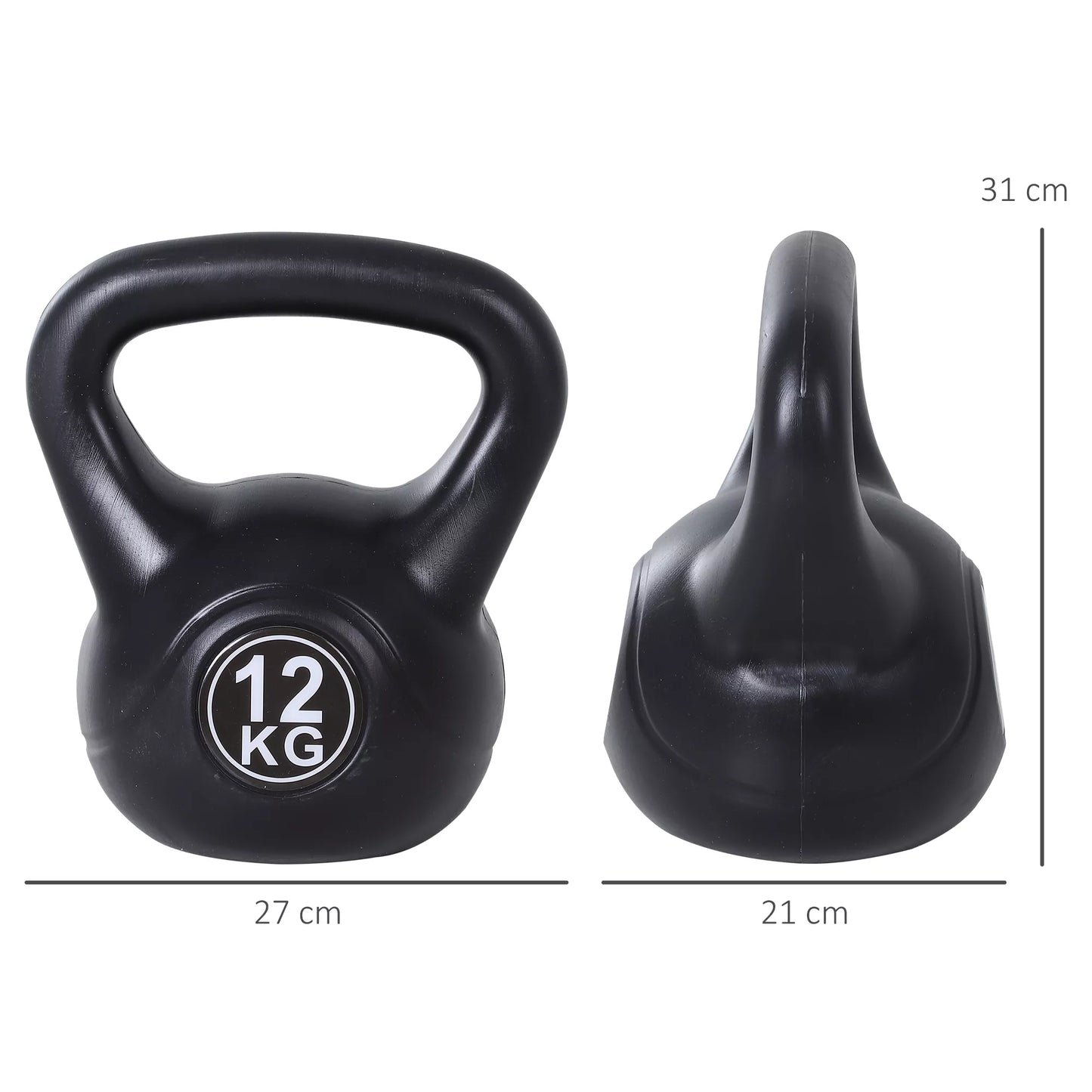 Kettlebell rutulinis hantelis 12 kg svorio hantelis, užpildytas smėliu, skirtas pradedantiesiems, juodos spalvos