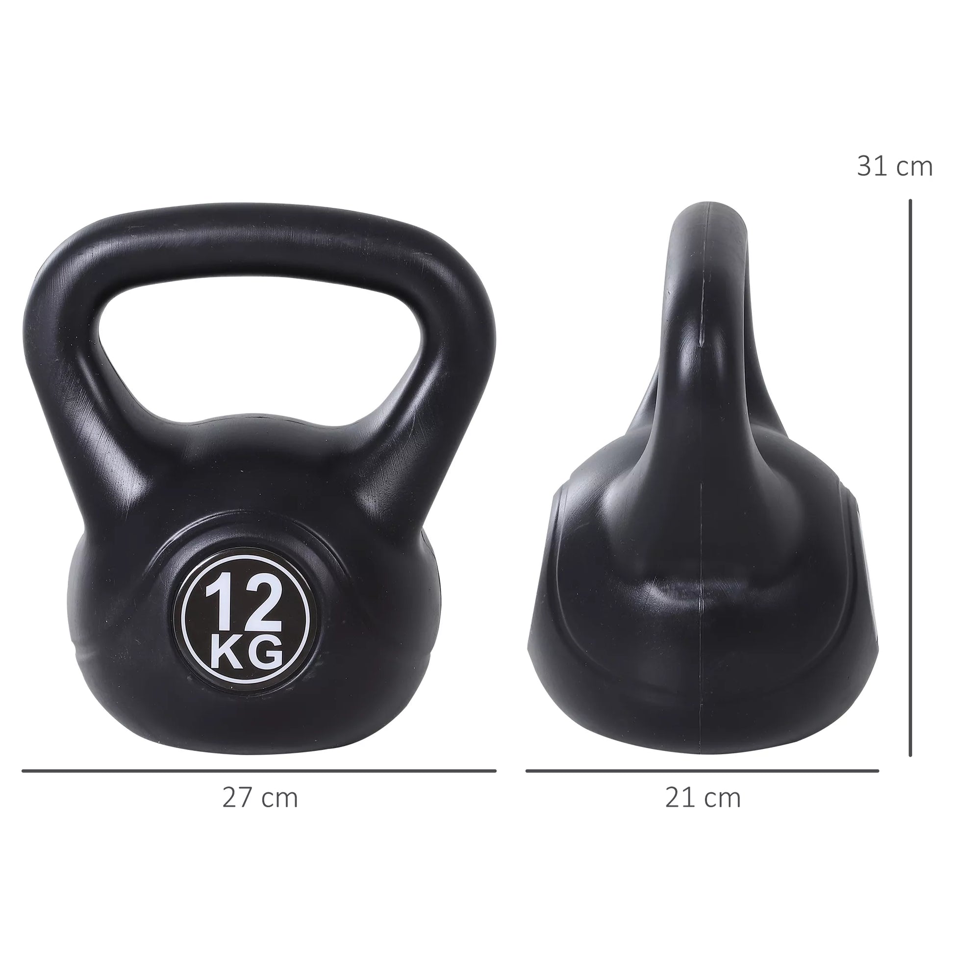 Kettlebell rutulinis hantelis 12 kg svorio hantelis, užpildytas smėliu, skirtas pradedantiesiems, juodos spalvos