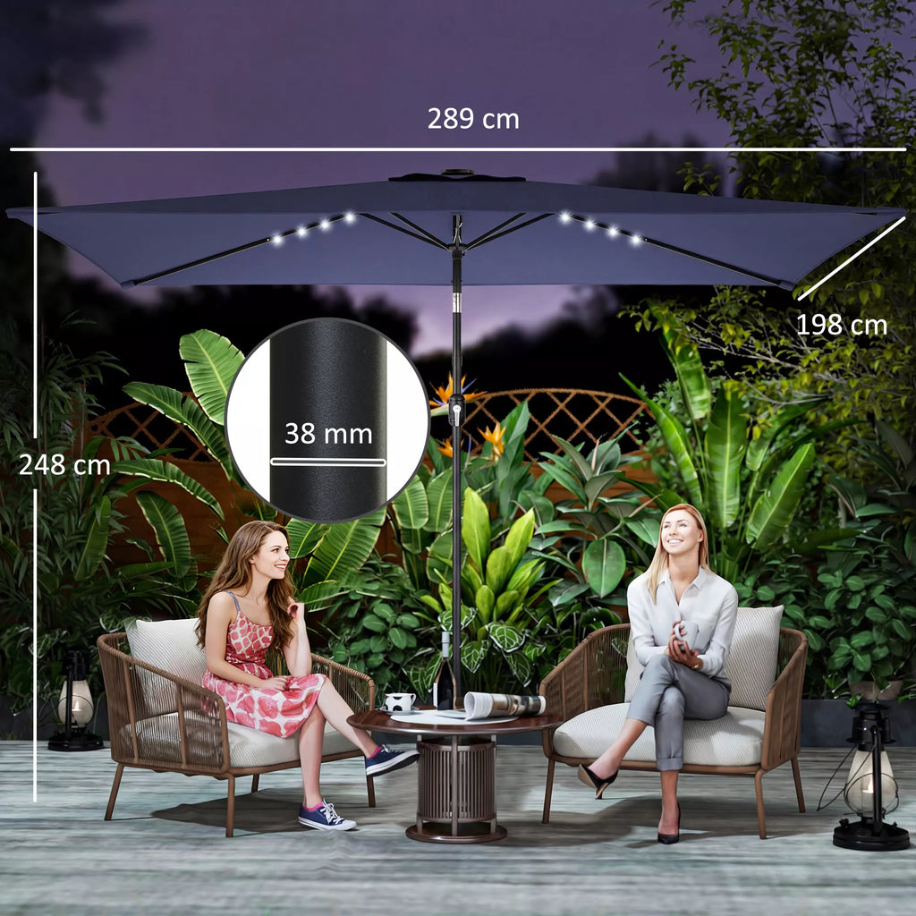 Saulės skėtis LED Solar, apie 300 x 200 cm, sulankstomas balkono skėtis su rankena, apsauginis apvalkalas, UV apsauga, pasukamas, tamsiai mėlynos spalvos