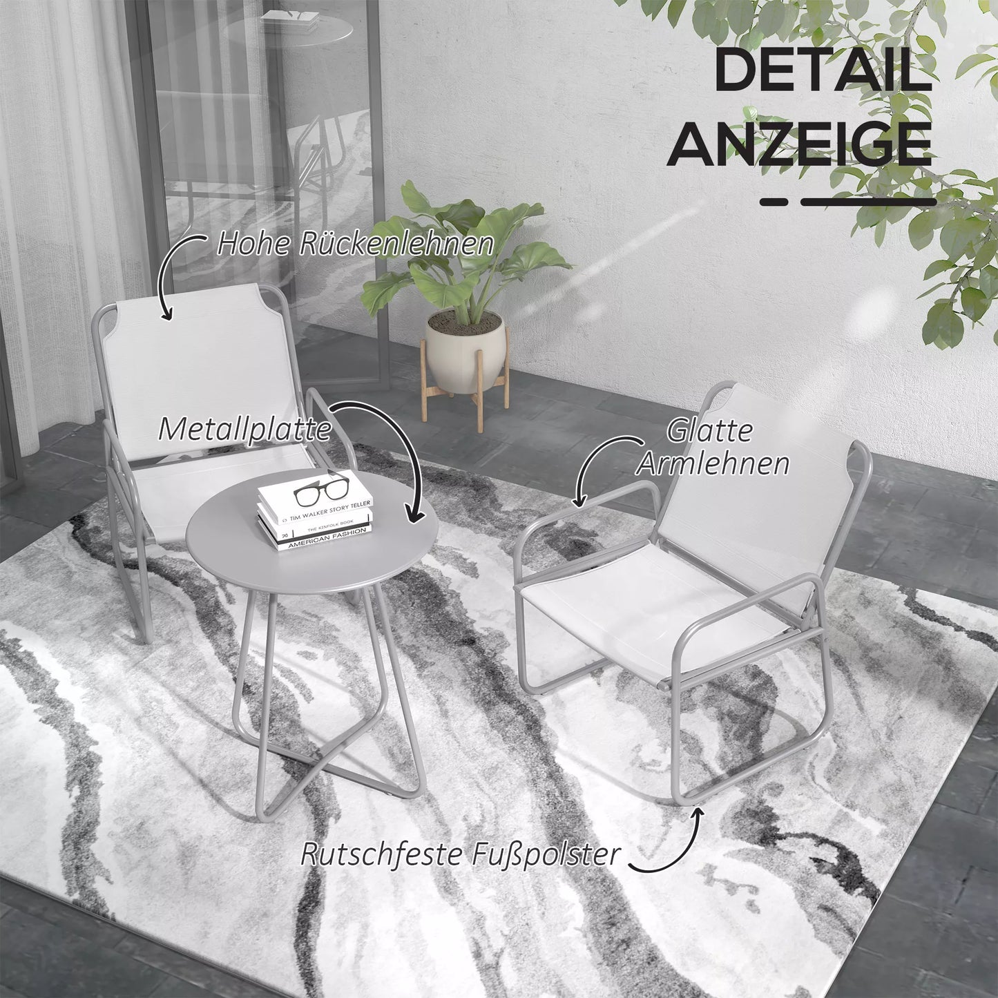 3 dalių sodo baldų komplektas, 2 kėdės su kvėpuojančiu audinio užvalkalu, 1 apvalus stalas Ø60 cm, šviesiai pilkos spalvos.