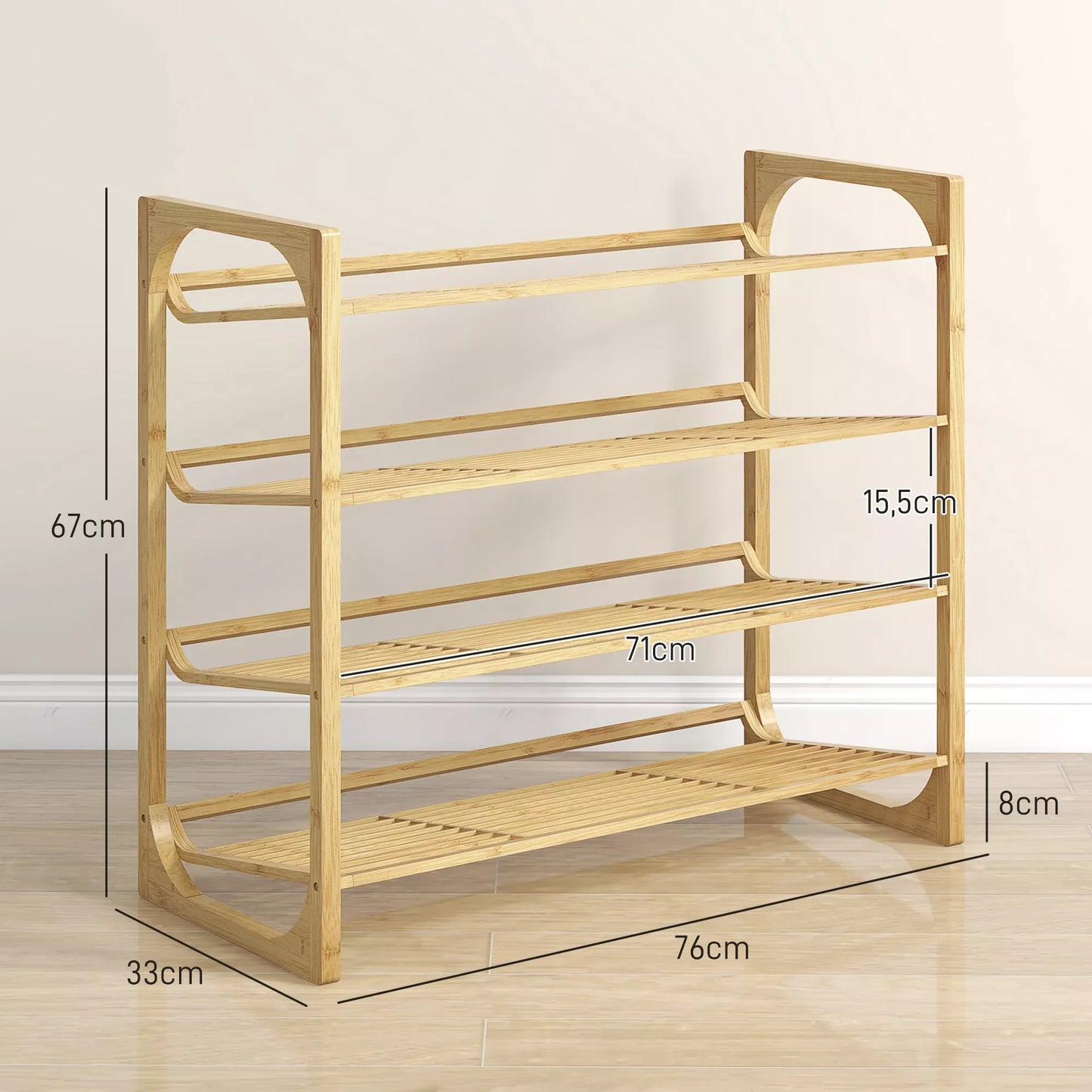 Batų lentyna iš bambuko, 15,5 cm lentynos aukštis, vėdinama skersinių konstrukcija, 76 x 33 x 67 cm, natūralaus medžio efektas