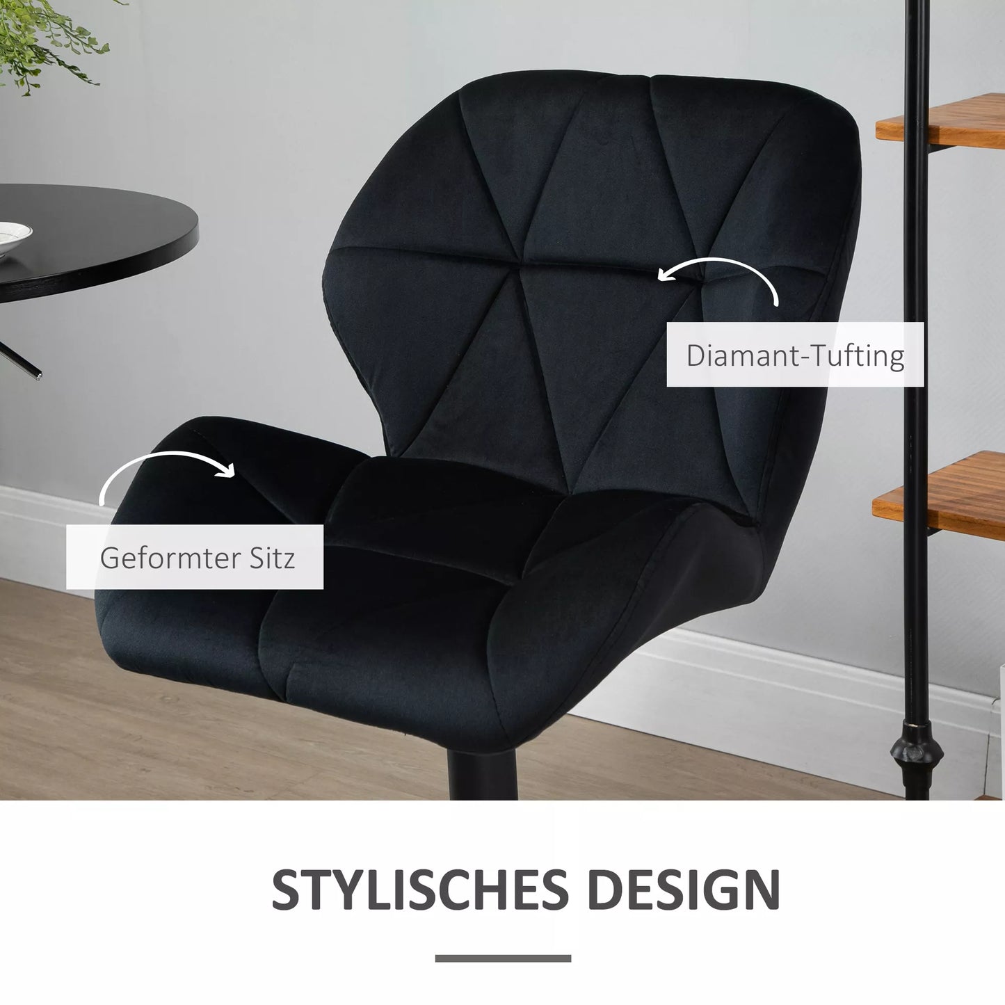 2 vnt. komplektas Baro kėdžių, besisukančios, su atlošu, reguliuojamo aukščio, pusbario kėdės, aksominės, be porankių, putplastis, juodos spalvos, 51,5x 57,5 x 93-114,5 cm