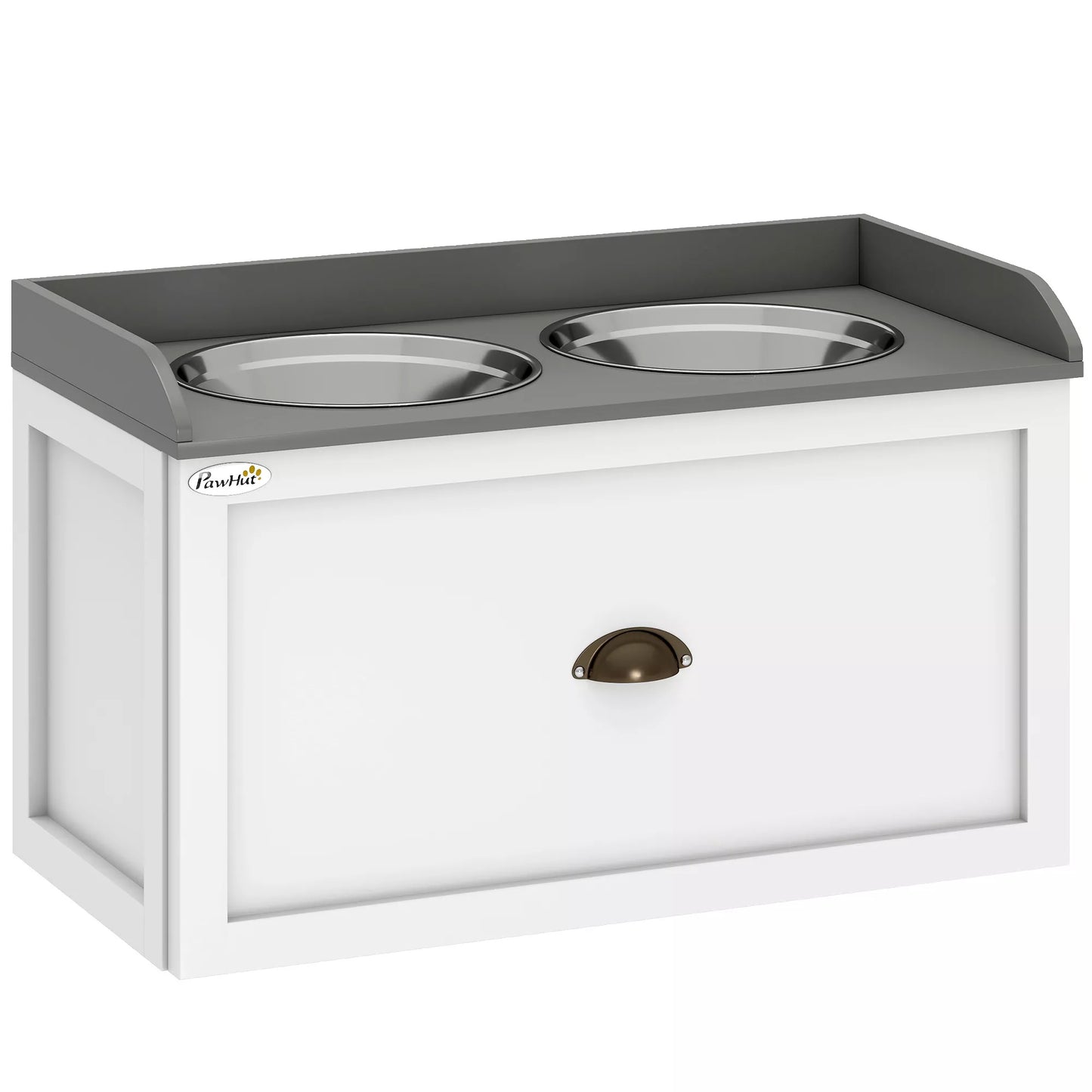 Pašaro stotis, 2 2 litrų talpos dubenėliai, nerūdijantis plienas, su stalčiumi, dideliems šunims, balta+pilka, 60 x 30 x 36 cm