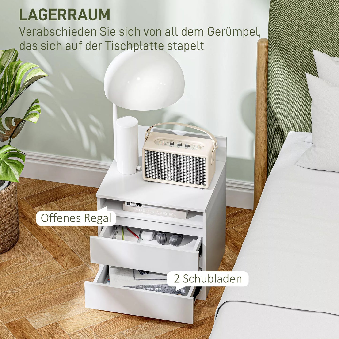 Naktinis staliukas 2 vnt. komplekte su stalčiais ir lentyna, modernus, baltos spalvos, miegamajam