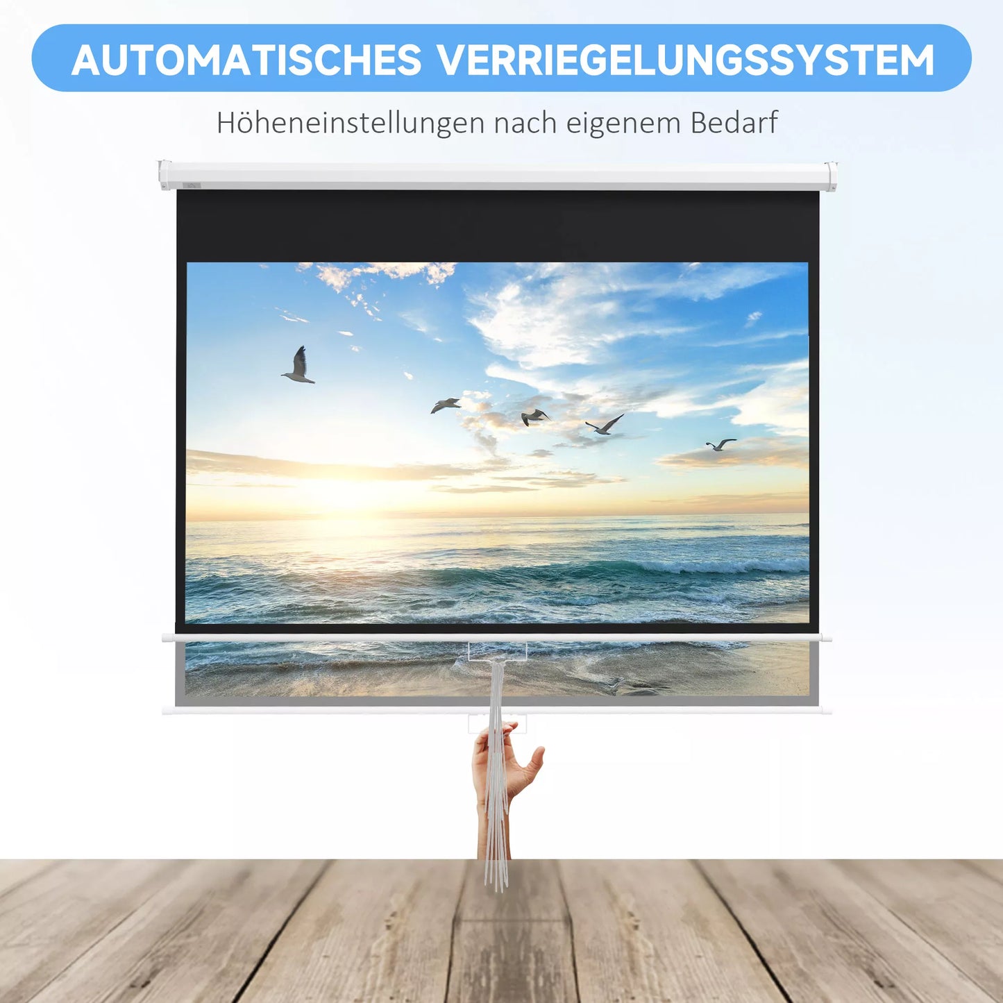 Projektoriaus ekranas, su stovu, sienai arba luboms montuoti, 16:9 formato santykis, 172x96 cm, baltas