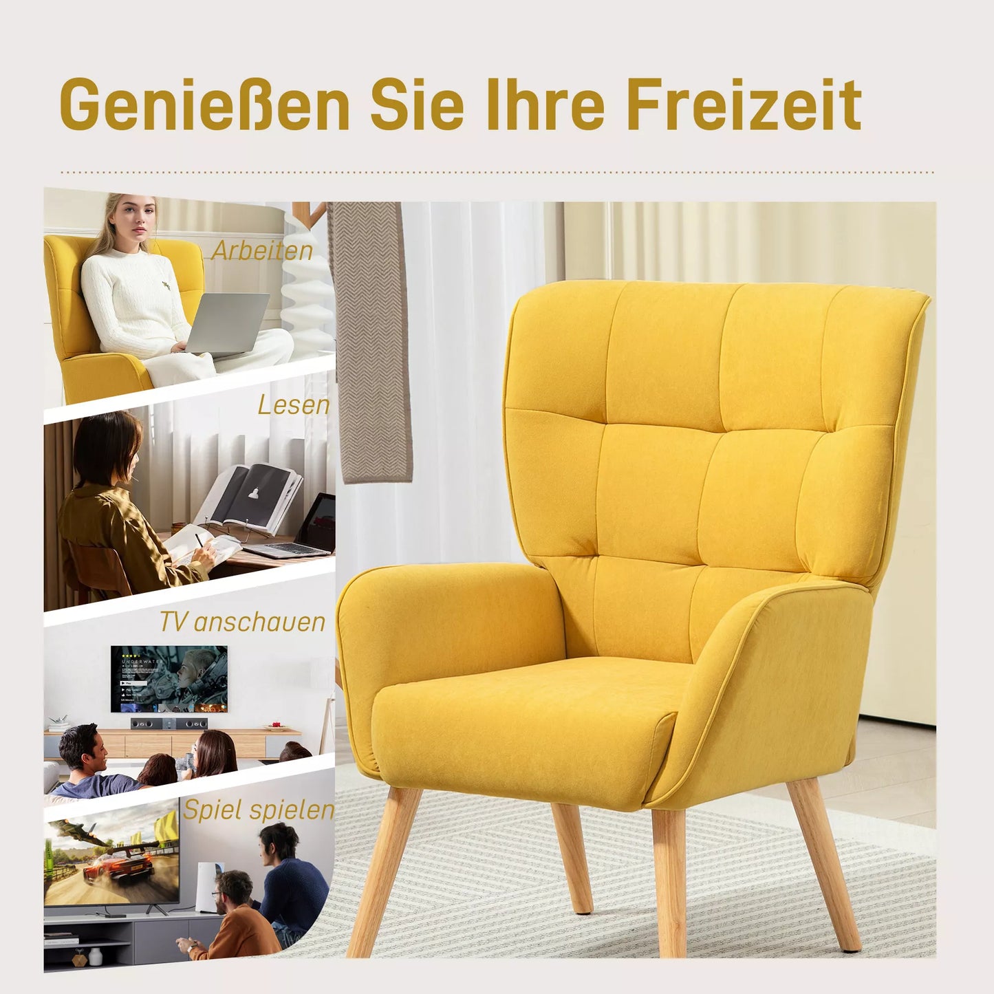 Minkštas fotelis svetainei su dygsniavimu, minkštas aksominės išvaizdos apmušalas, iki 120 kg, geltonas