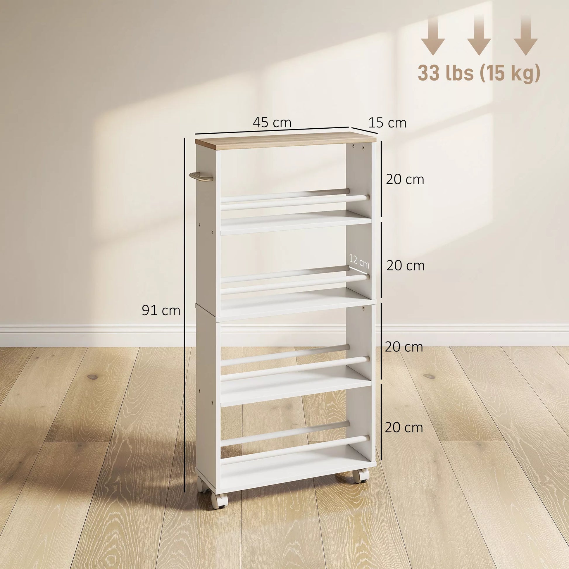 Daugiafunkcinė lentyna ant ratukų, siauras dizainas, 4 skyriai, 45x15x91 cm, Natūrali spalva