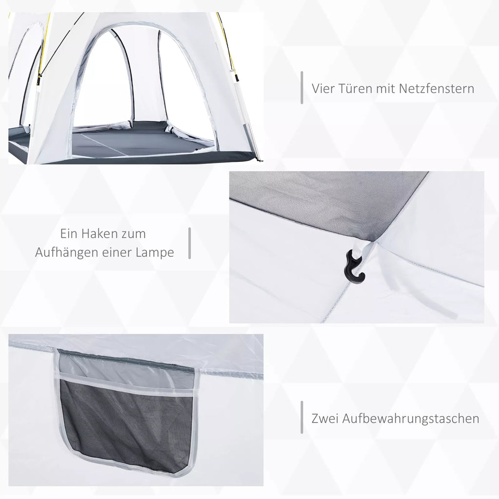 Pop Up kupolinė palapinė 4 asmenims, lengva, tvirta, nepralaidi vandeniui, UV 50+, su kabliais, durimis, langais, grindų danga.
