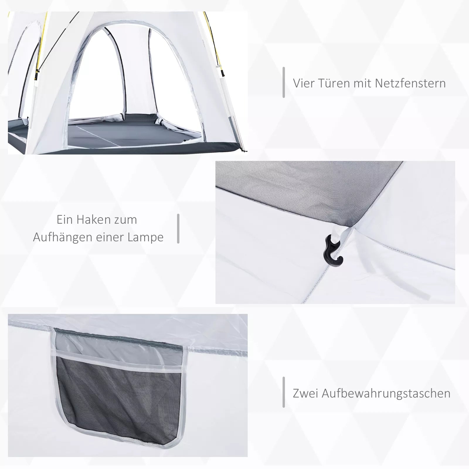 Pop Up kupolinė palapinė 4 asmenims, lengva, tvirta, nepralaidi vandeniui, UV 50+, su kabliais, durimis, langais, grindų danga.