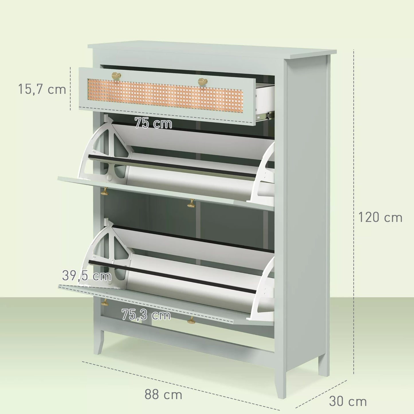 Batų spintelė 12 poroms batų, su 1 ištraukiama stalčiumi, 2 atverčiamais stalčiais, batų komoda, 88 x 30 x 120 cm, žalia