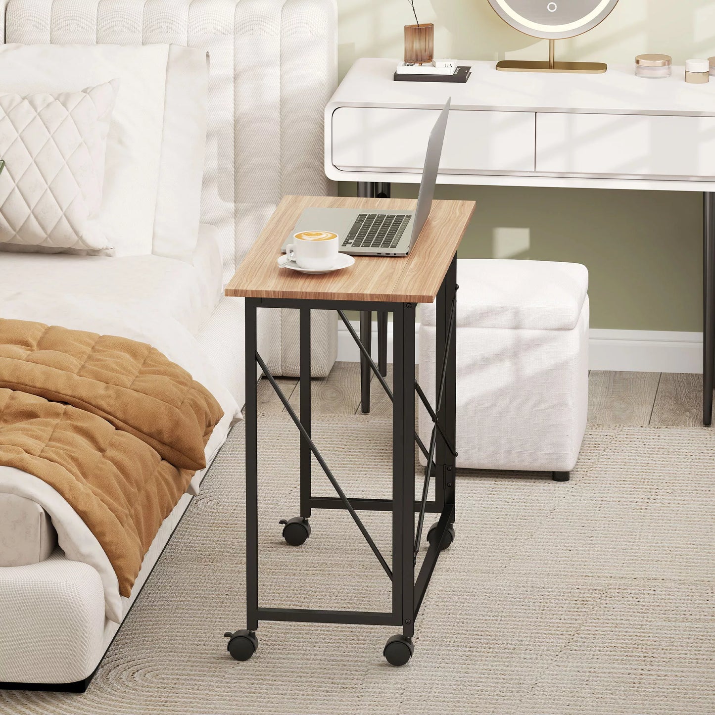 Sulankstomas rašomasis stalas su ratukais, taupantis vietą, plienas, MDF, ąžuolas