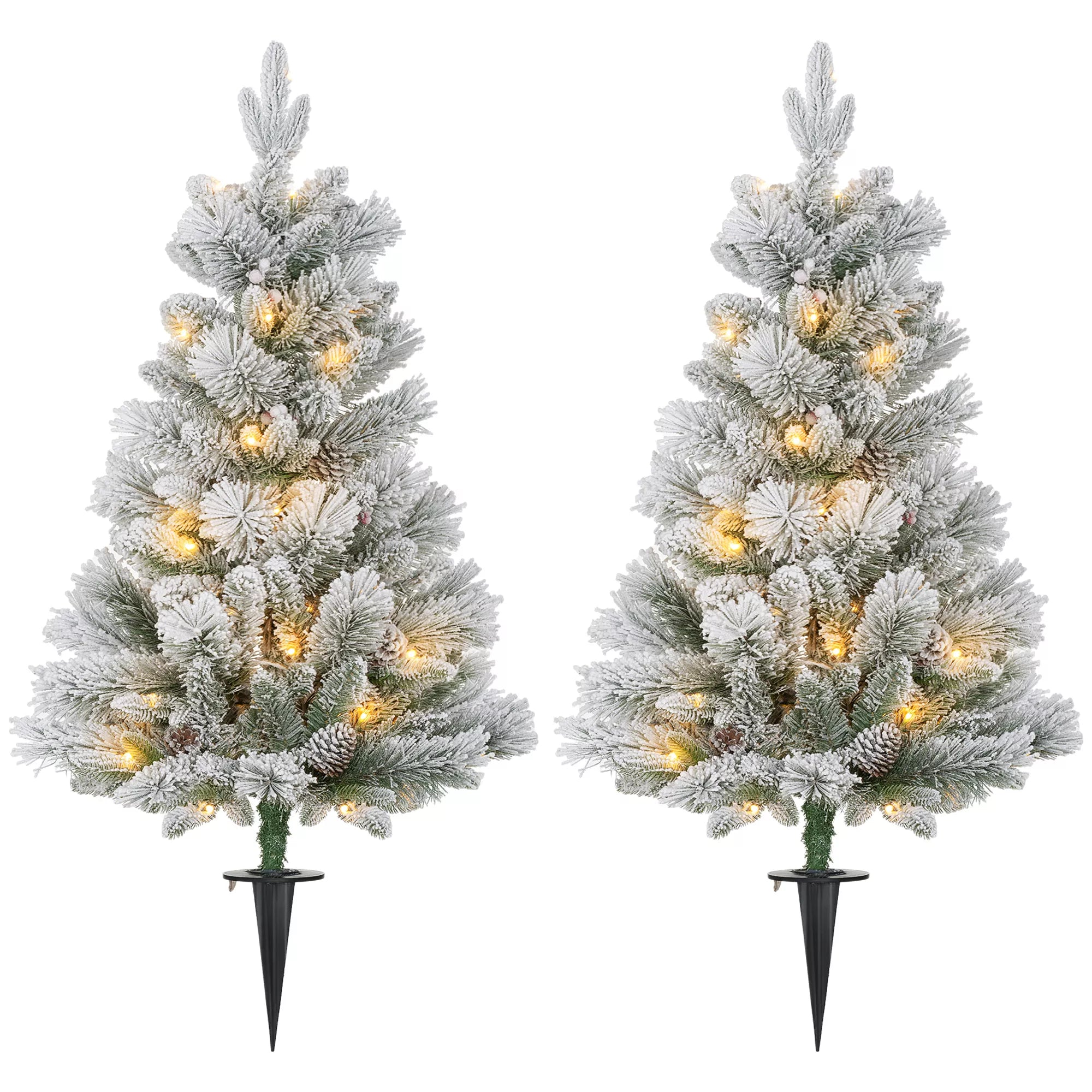 Kalėdinė eglutė su LED apšvietimu, 2 vnt. rinkinys, 107 cm, su kankorėliais, raudonomis uogomis, antipireninė, žalia/balta