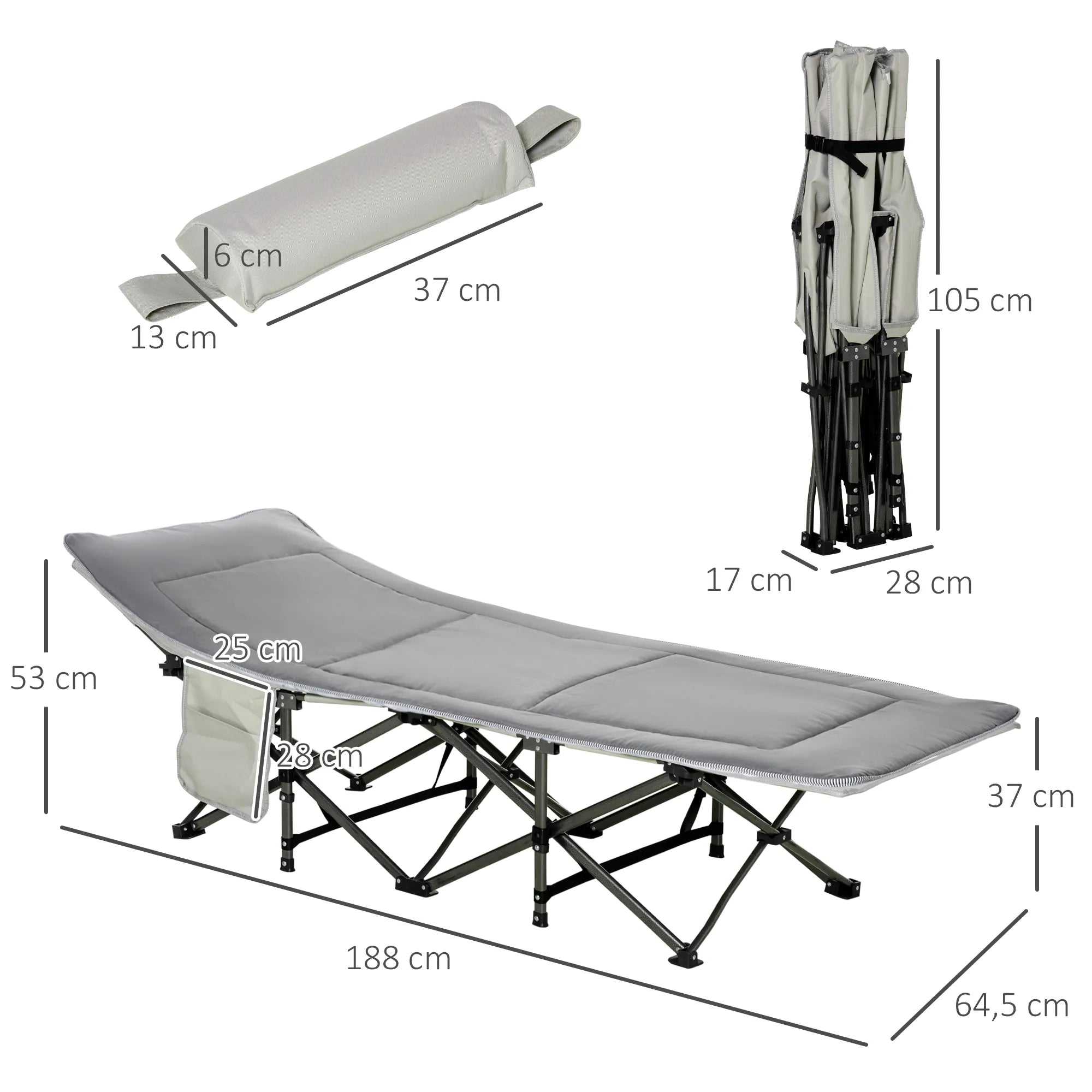 Sulankstomas lauko lovos Kempingo lova su čiužiniu Nešimo krepšys 188 x 64,5 x 53 cm Svečių lova, atlaikanti iki 150 kg svorio Kempingo gultas suaugusiems Sulankstoma lova lauke, sode Kempingo kelionėms Šviesiai pilka