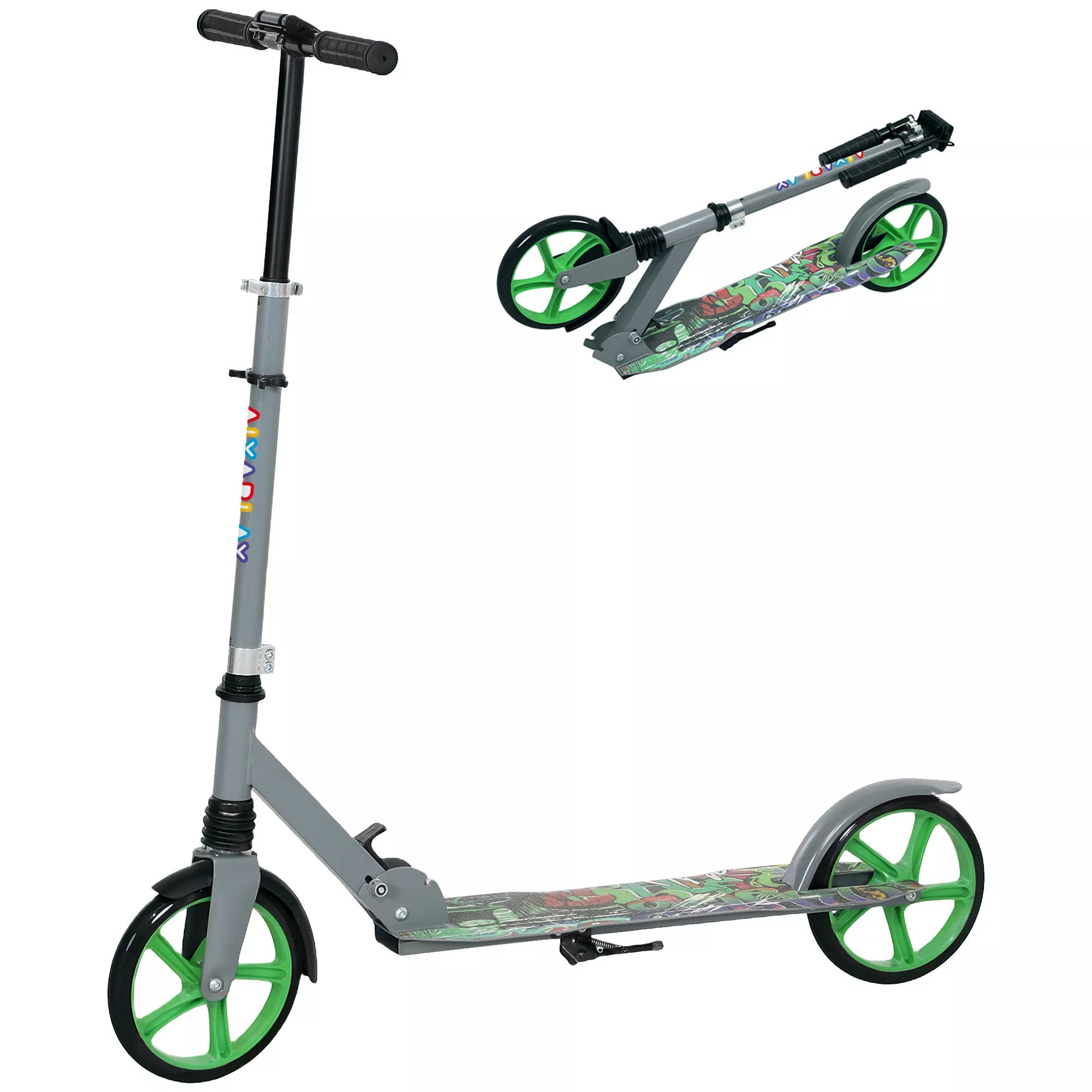 Tretroller, aukščio reguliuojamas, galinis stabdys, sulankstomas, 100 kg apkrova, žalias