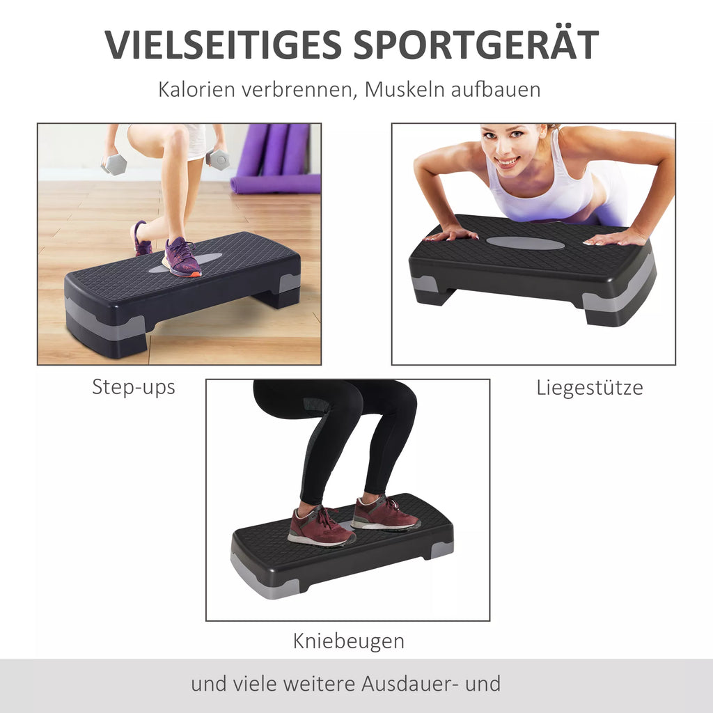 Schema su pratimais ant stepo: step-ups, atsispaudimai, pritūpimai
