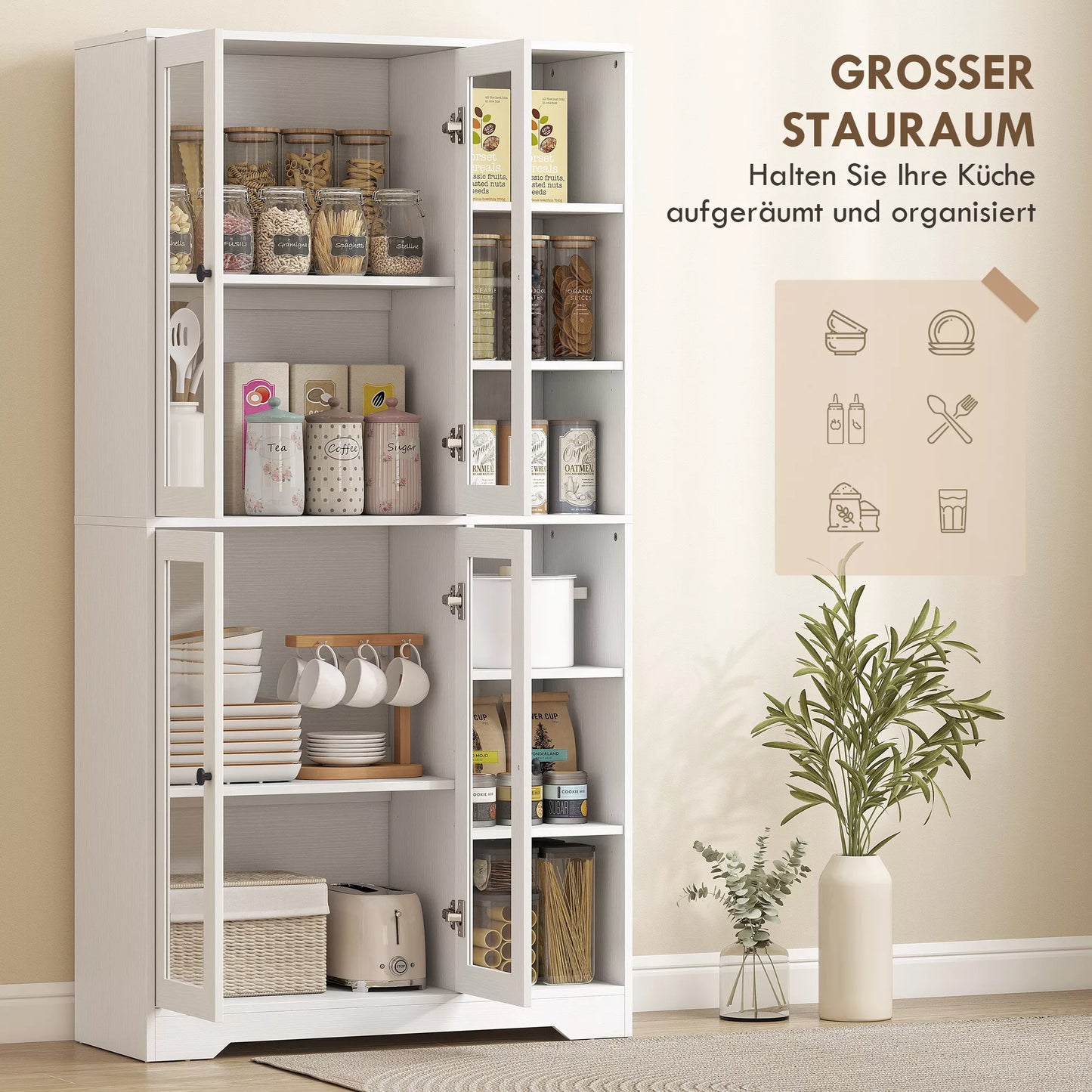 Virtuvės spintelė su stiklinėmis durelėmis, lentynos, atviros lentynos, 172 cm aukščio, MDF, balta