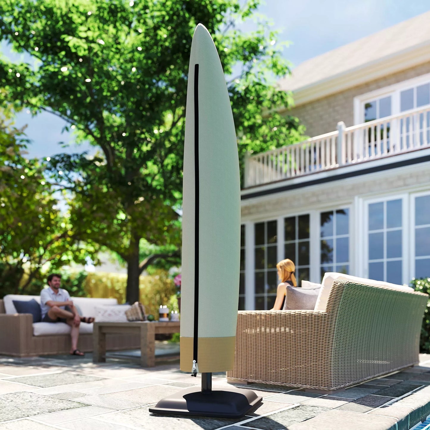 Apsauginė skėčio nuo saulės danga Ø 400 cm, atspari vandeniui, apsauganti nuo oro sąlygų, su stulpu, užtrauktuku, raišteliu, Oksfordo audiniu, UV spinduliams atspari atverčiama skėčio nuo saulės danga 220 × 56 cm, smėlio spalvos