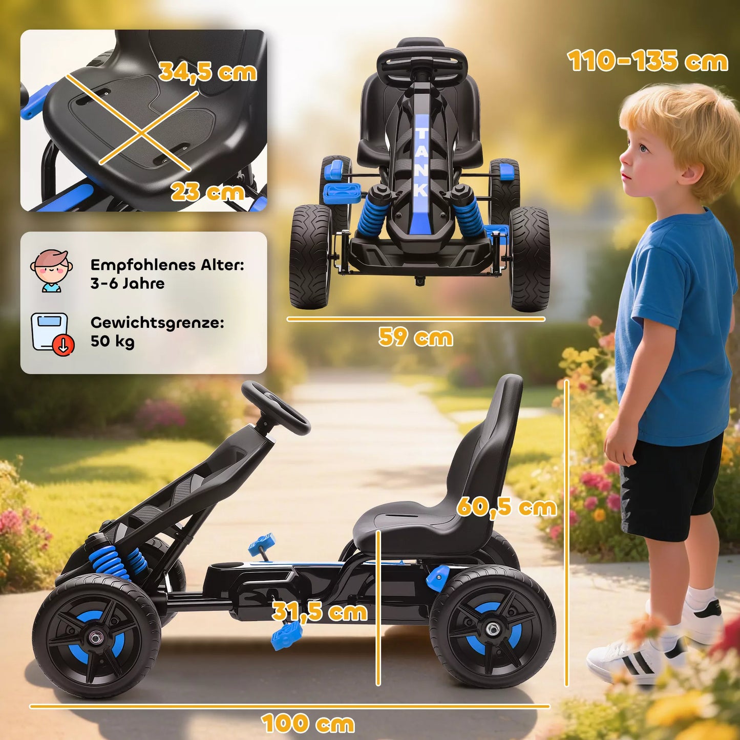 Kartingas su pedalais, vaikiškas automobilis su stabdžiais, neslystantys ratai, metalinis rėmas, 3–6 metai, mėlynas