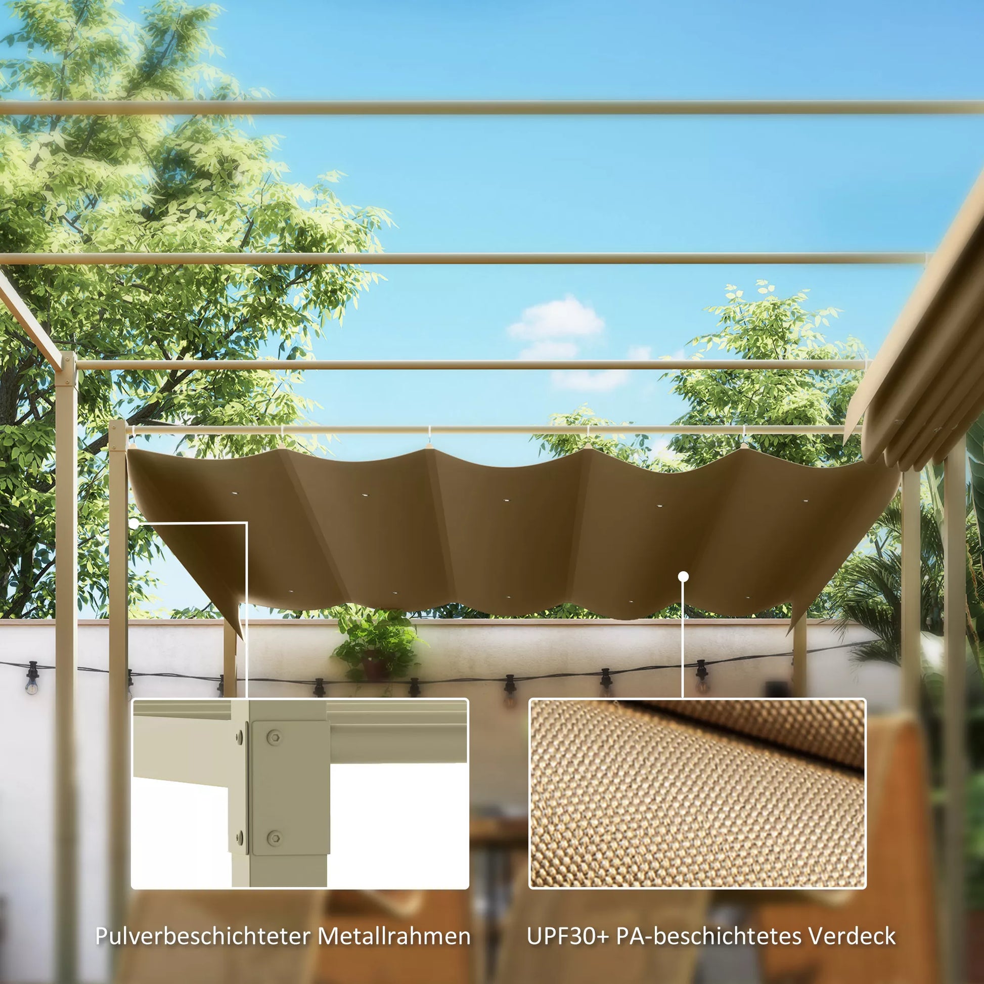 3 x 3 m sodo pergola su ištraukiamu stogu, paviljonas, baldakimas šešėliui, UPF30+, chaki